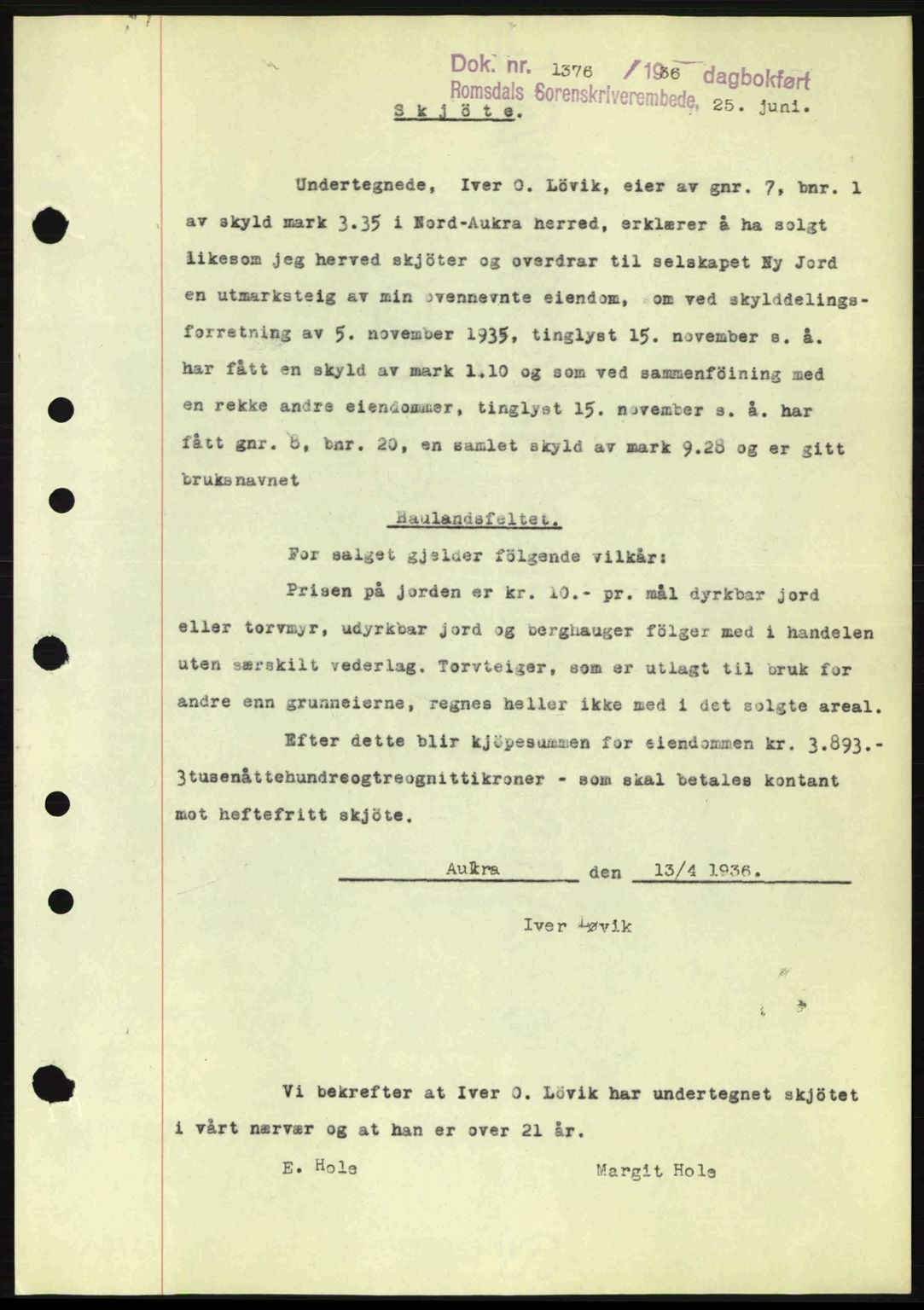 Romsdal sorenskriveri, SAT/A-4149/1/2/2C: Pantebok nr. A1, 1936-1936, Dagboknr: 1376/1936