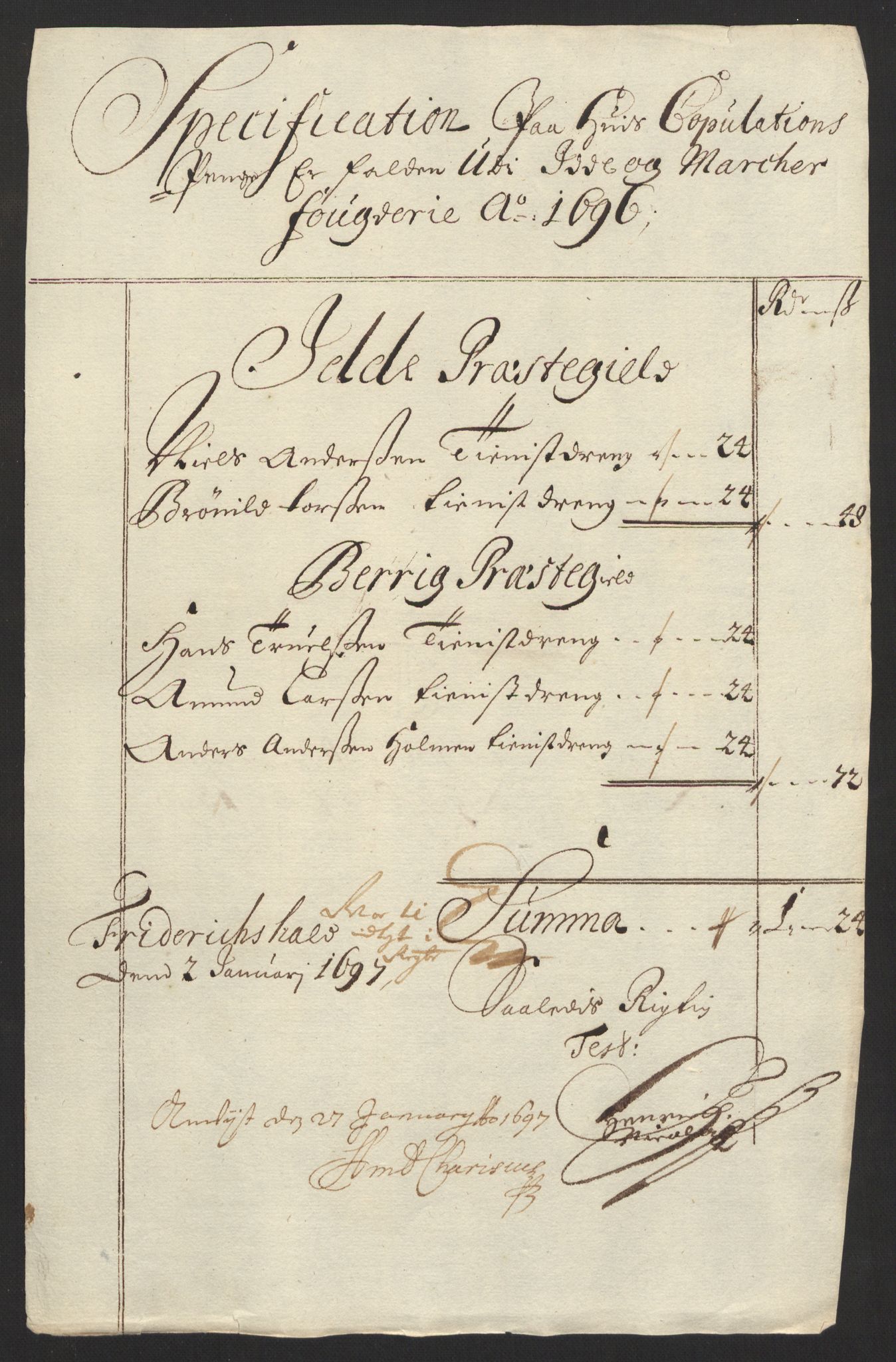 Rentekammeret inntil 1814, Reviderte regnskaper, Fogderegnskap, AV/RA-EA-4092/R01/L0013: Fogderegnskap Idd og Marker, 1696-1698, s. 134