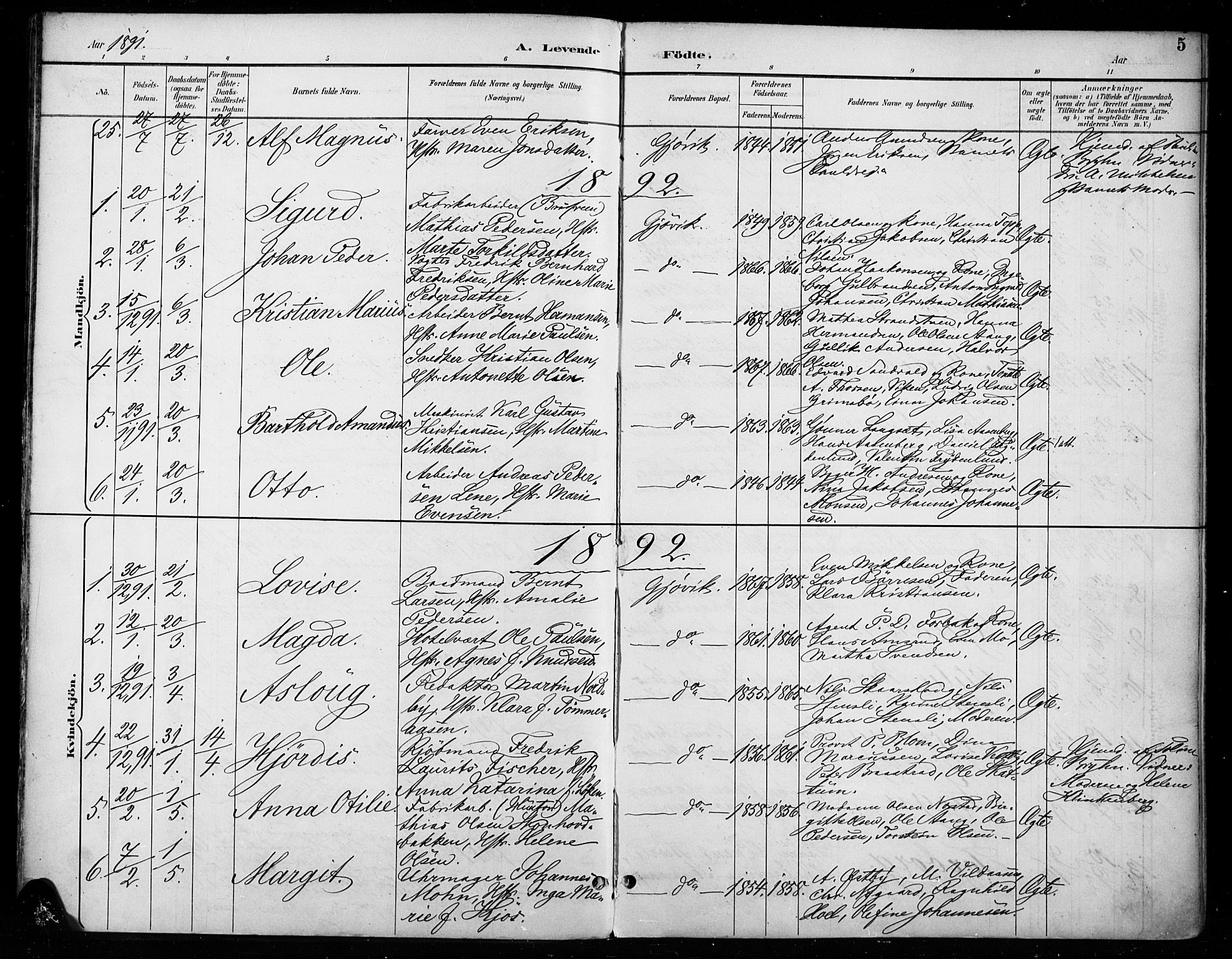 Vardal prestekontor, AV/SAH-PREST-100/H/Ha/Haa/L0011: Ministerialbok nr. 11, 1891-1901, s. 5