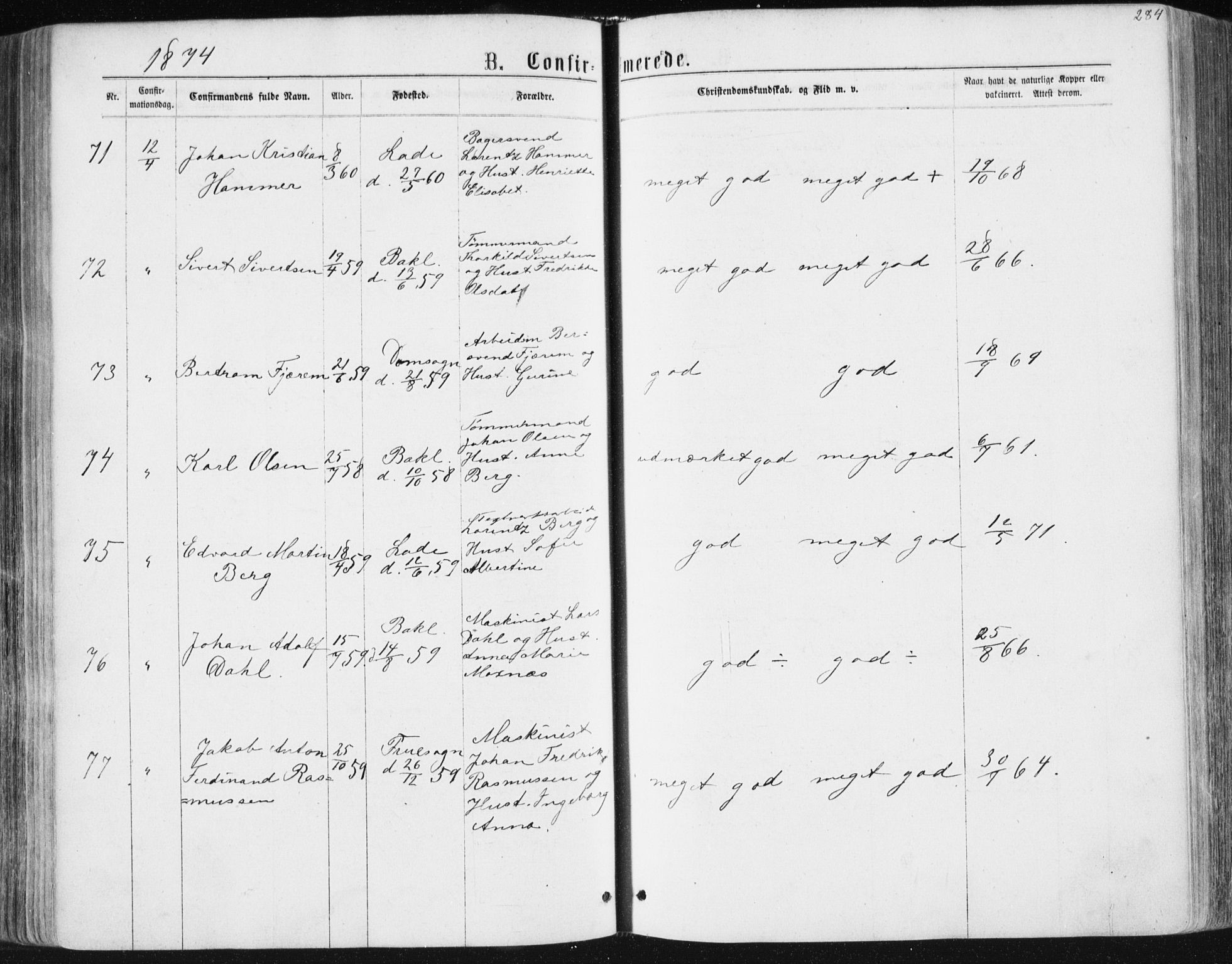 Ministerialprotokoller, klokkerbøker og fødselsregistre - Sør-Trøndelag, AV/SAT-A-1456/604/L0186: Ministerialbok nr. 604A07, 1866-1877, s. 284