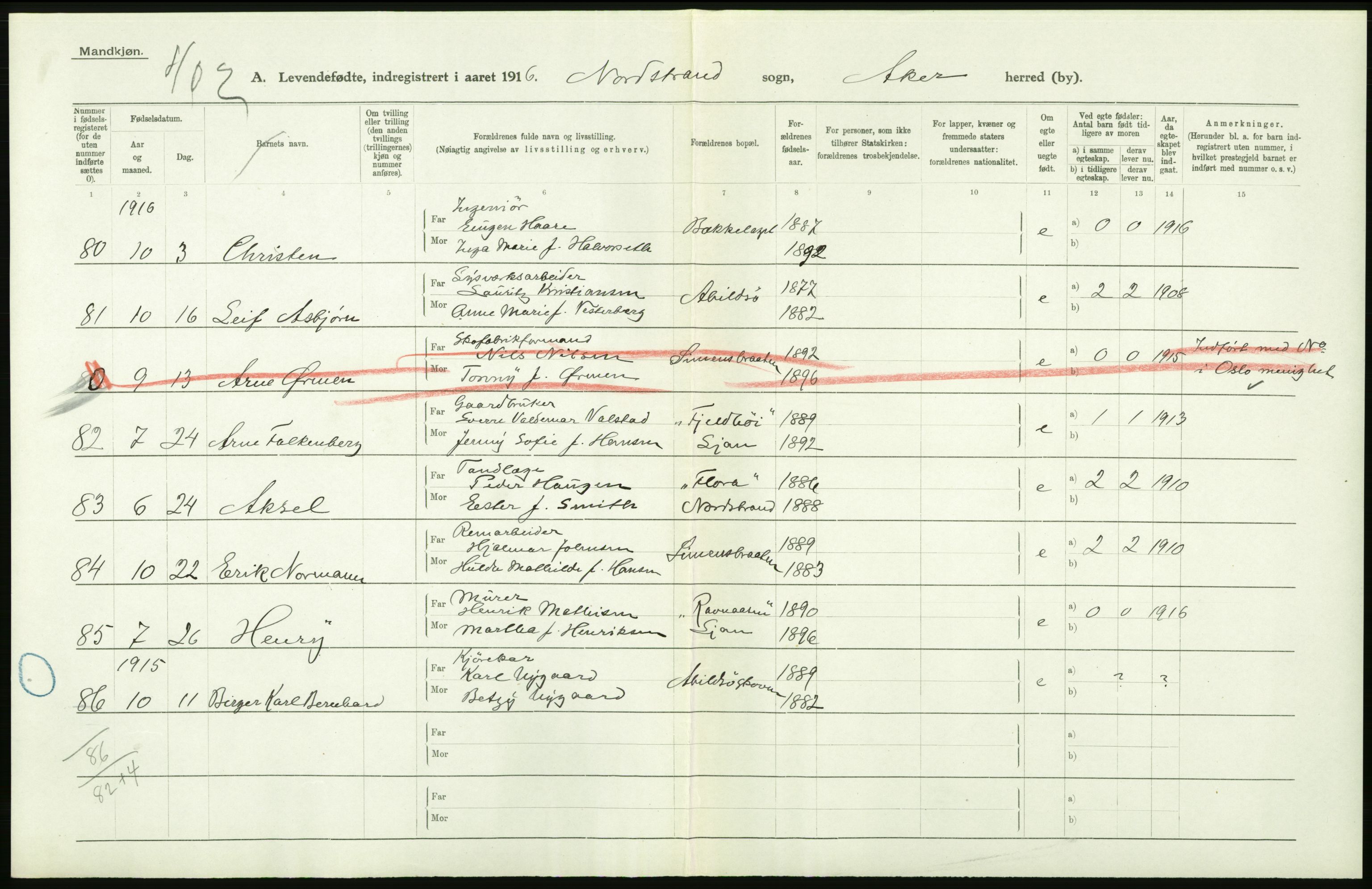 Statistisk sentralbyrå, Sosiodemografiske emner, Befolkning, RA/S-2228/D/Df/Dfb/Dfbf/L0004: Akershus amt: Levendefødte menn og kvinner. Bygder og byer., 1916, s. 566