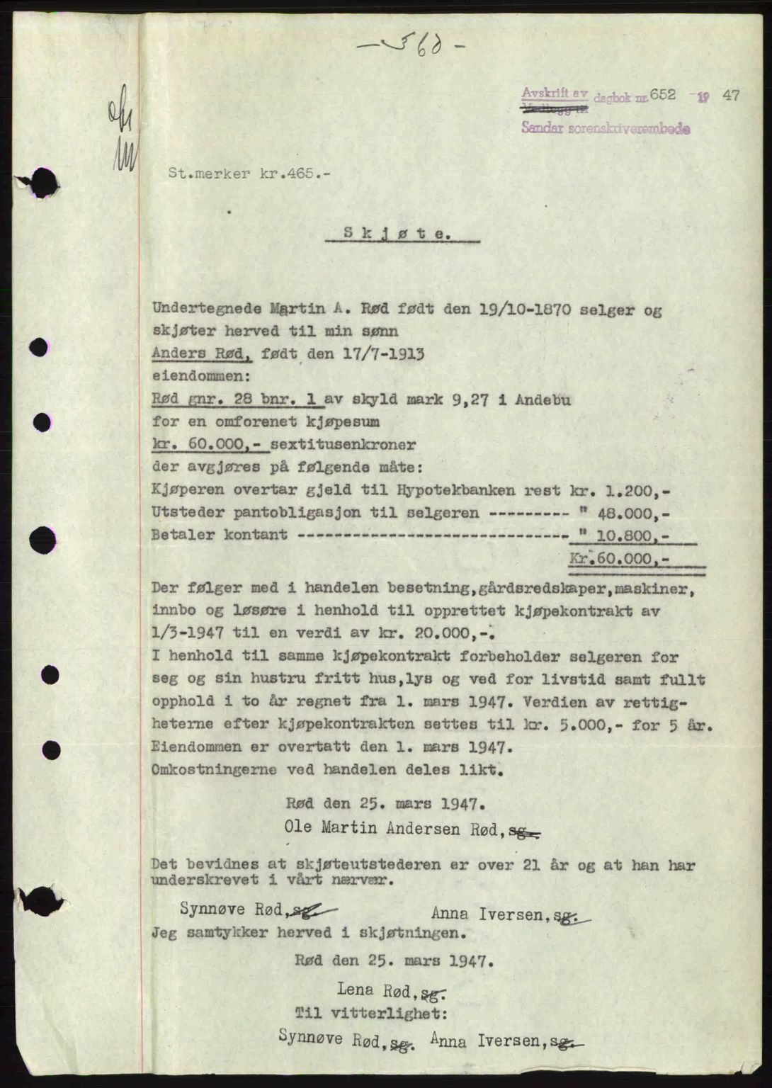 Jarlsberg sorenskriveri, SAKO/A-131/G/Ga/Gaa/L0022: Pantebok nr. A-22, 1947-1947, Dagboknr: 652/1947