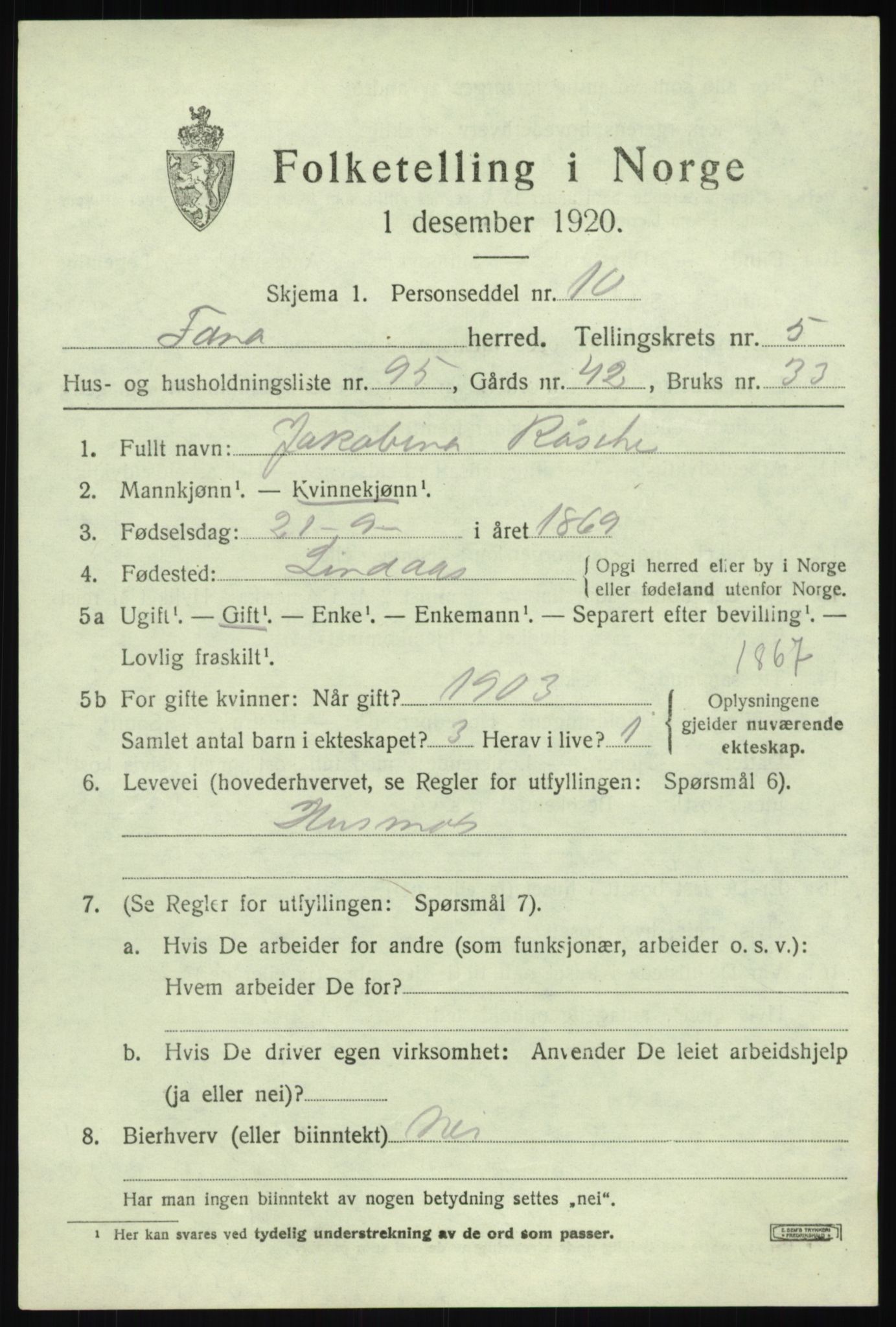 SAB, Folketelling 1920 for 1249 Fana herred, 1920, s. 8527