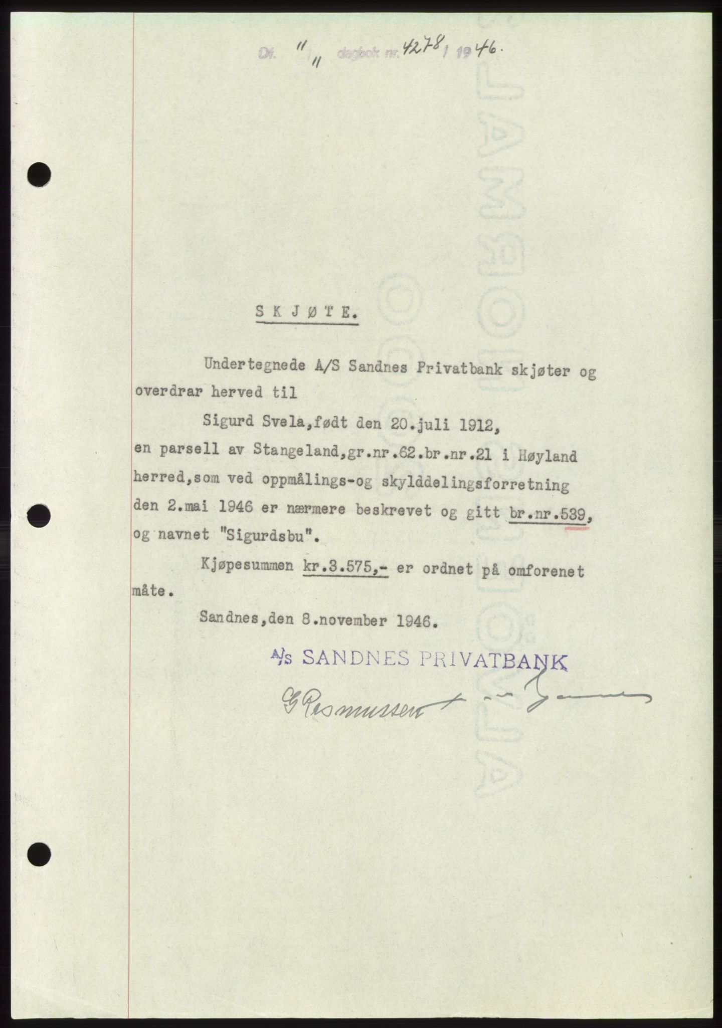 Jæren sorenskriveri, SAST/A-100310/03/G/Gba/L0092: Pantebok, 1946-1946, Dagboknr: 4278/1946