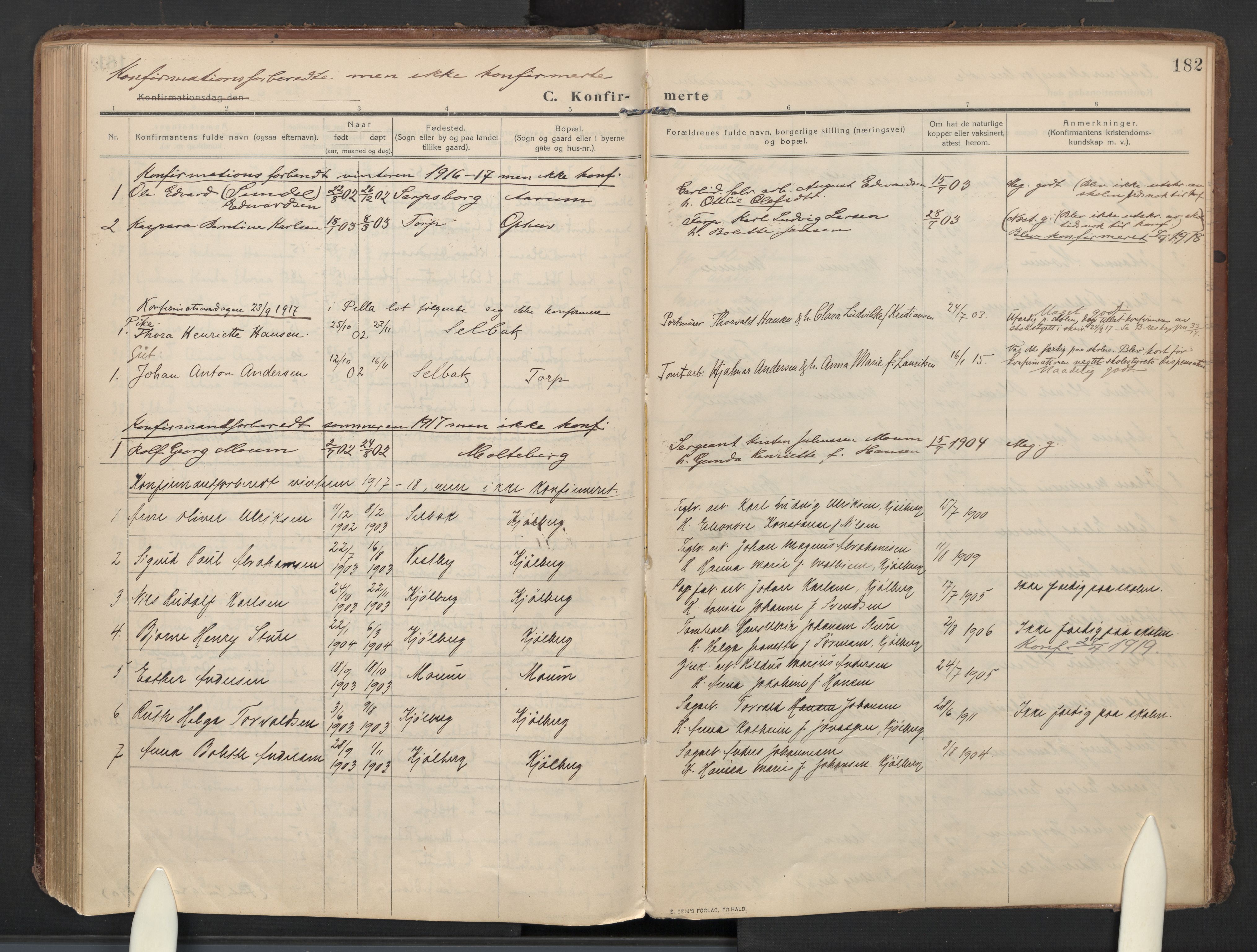 Borge prestekontor Kirkebøker, AV/SAO-A-10903/F/Fa/L0011: Ministerialbok nr. I 11, 1909-1929, s. 182