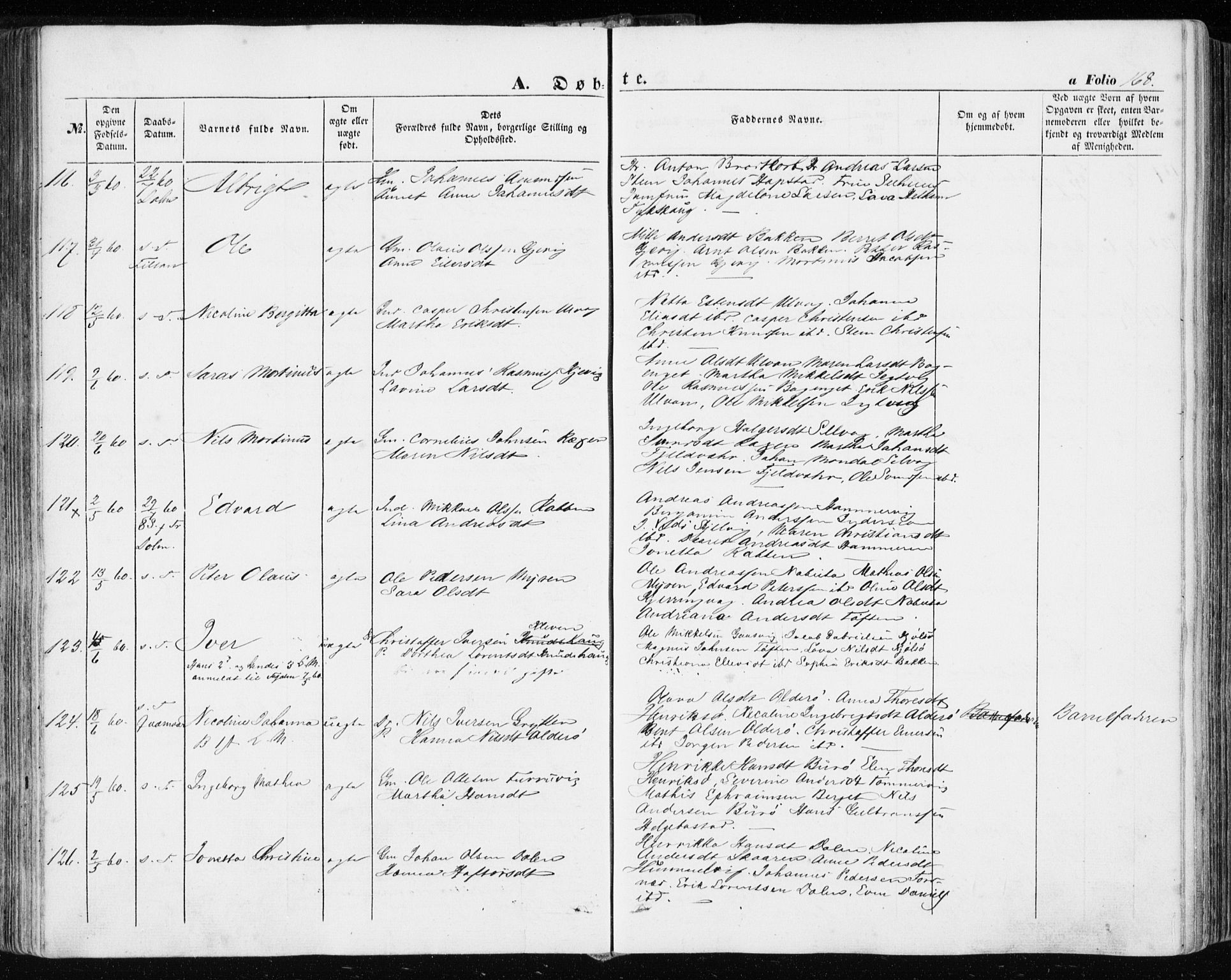 Ministerialprotokoller, klokkerbøker og fødselsregistre - Sør-Trøndelag, SAT/A-1456/634/L0530: Ministerialbok nr. 634A06, 1852-1860, s. 168