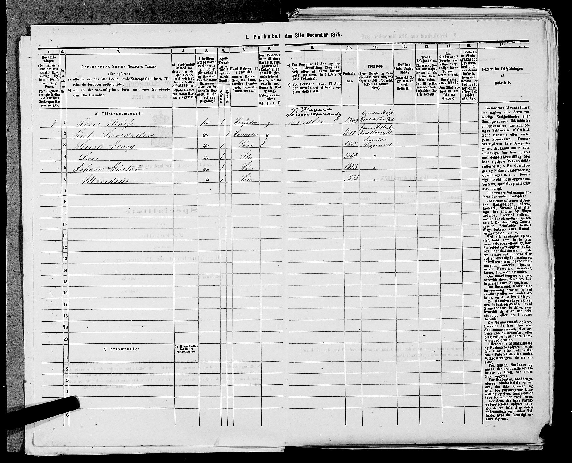 SAST, Folketelling 1875 for 1107B Sokndal prestegjeld, Sokndal ladested, 1875, s. 4