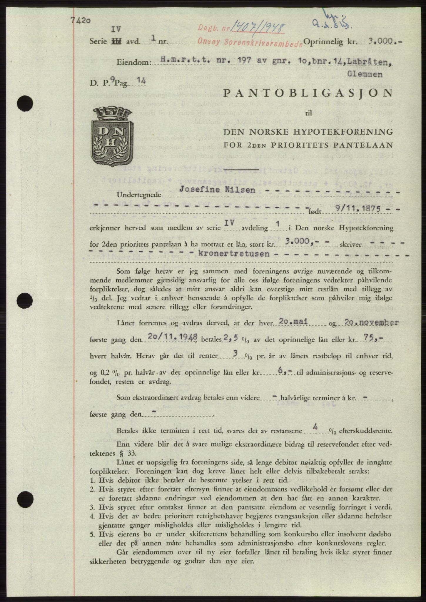 Onsøy sorenskriveri, SAO/A-10474/G/Ga/Gac/L0007: Pantebok nr. B 14-7, 1948-1948, Dagboknr: 1407/1948