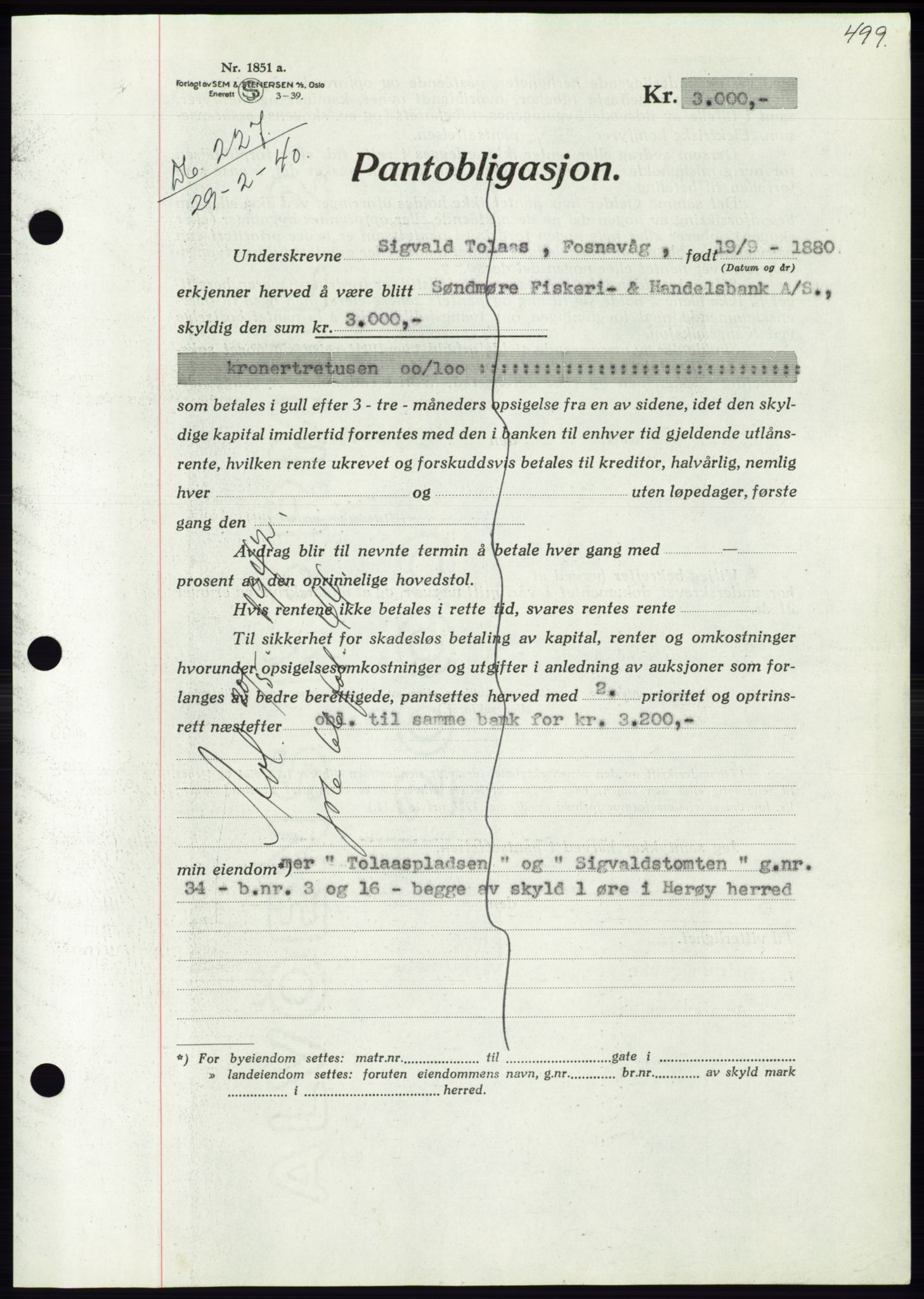 Søre Sunnmøre sorenskriveri, AV/SAT-A-4122/1/2/2C/L0069: Pantebok nr. 63, 1939-1940, Dagboknr: 227/1940