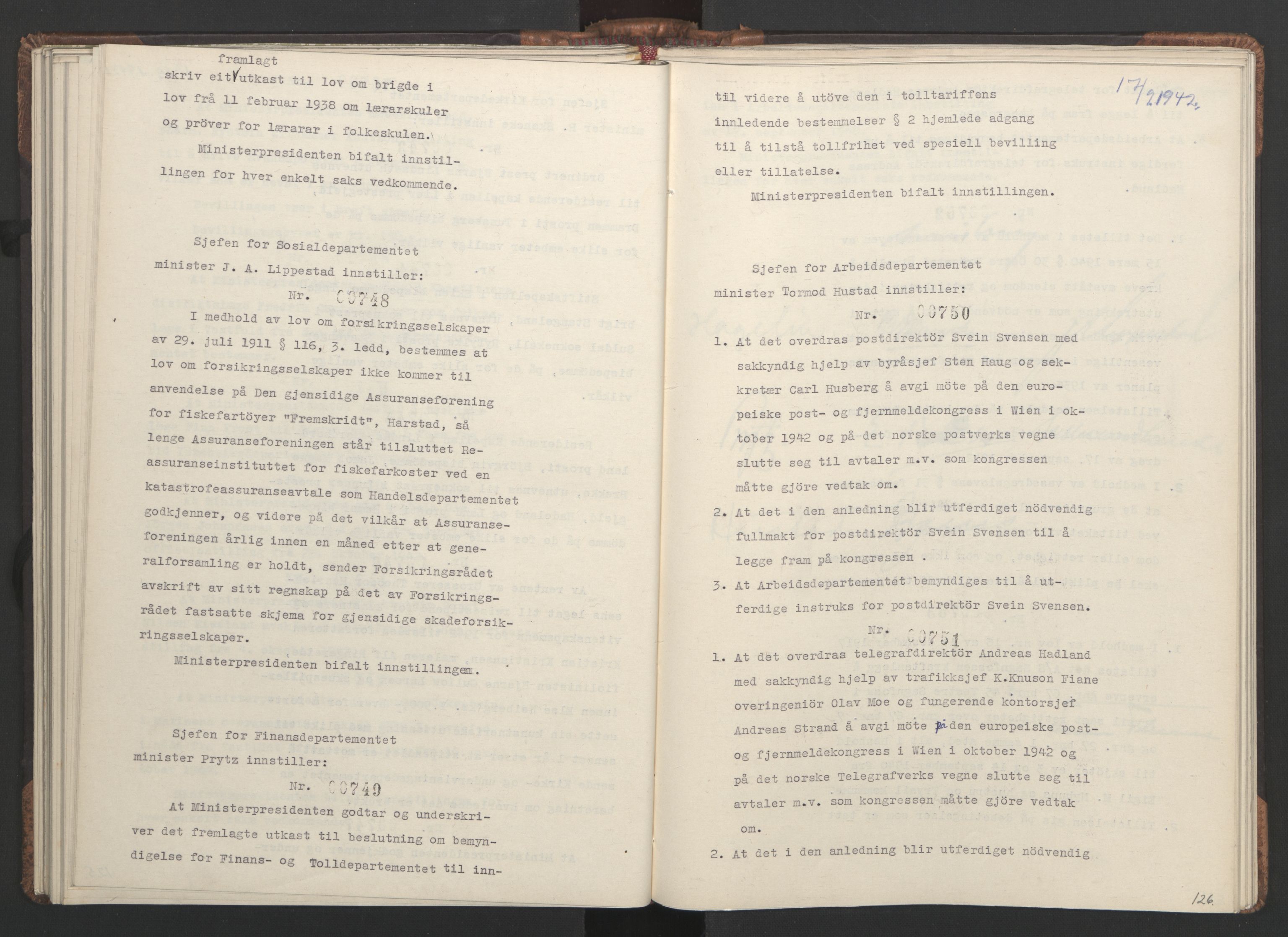 NS-administrasjonen 1940-1945 (Statsrådsekretariatet, de kommisariske statsråder mm), RA/S-4279/D/Da/L0001: Beslutninger og tillegg (1-952 og 1-32), 1942, s. 129