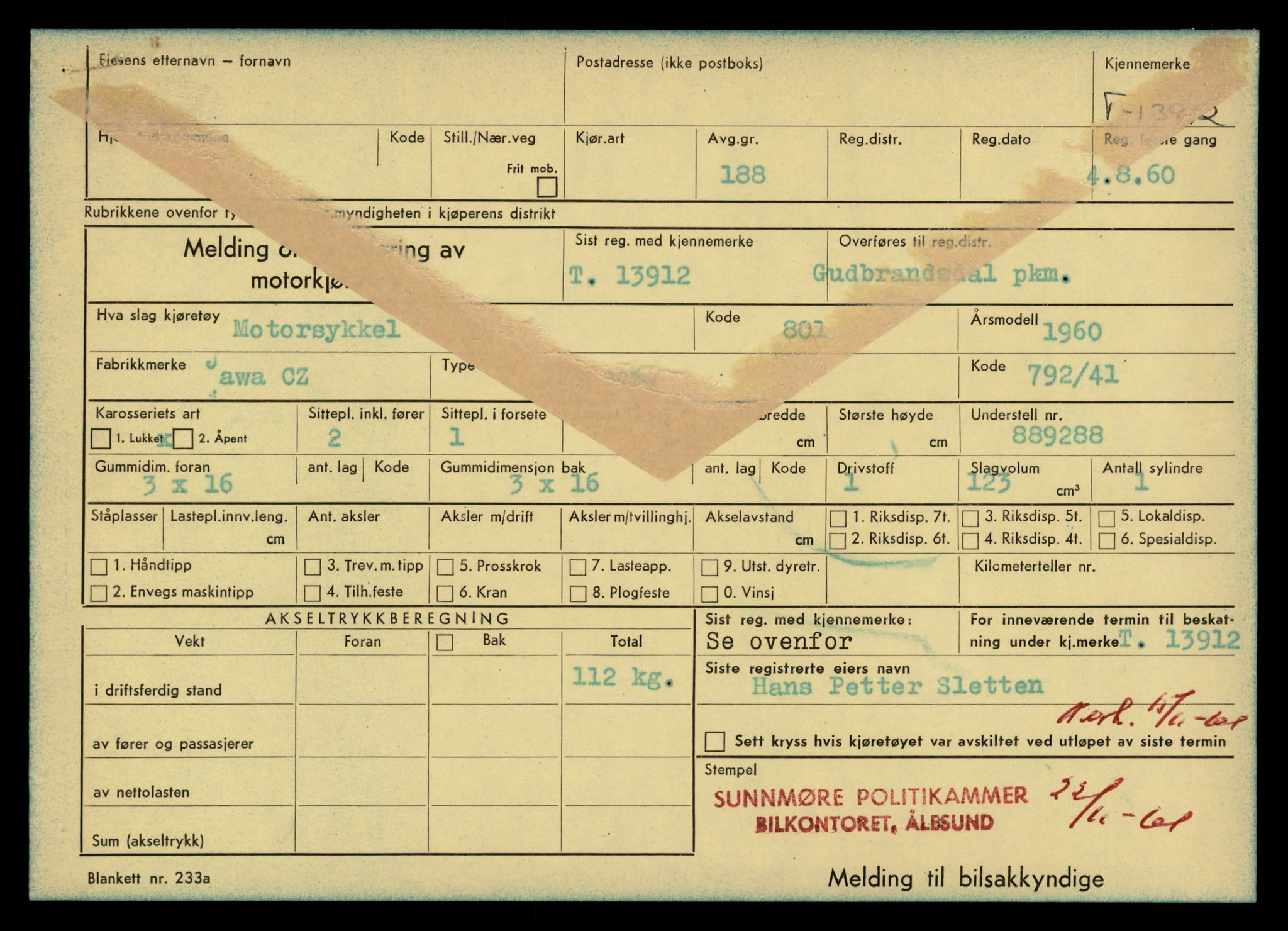 Møre og Romsdal vegkontor - Ålesund trafikkstasjon, AV/SAT-A-4099/F/Fe/L0042: Registreringskort for kjøretøy T 13906 - T 14079, 1927-1998, s. 95