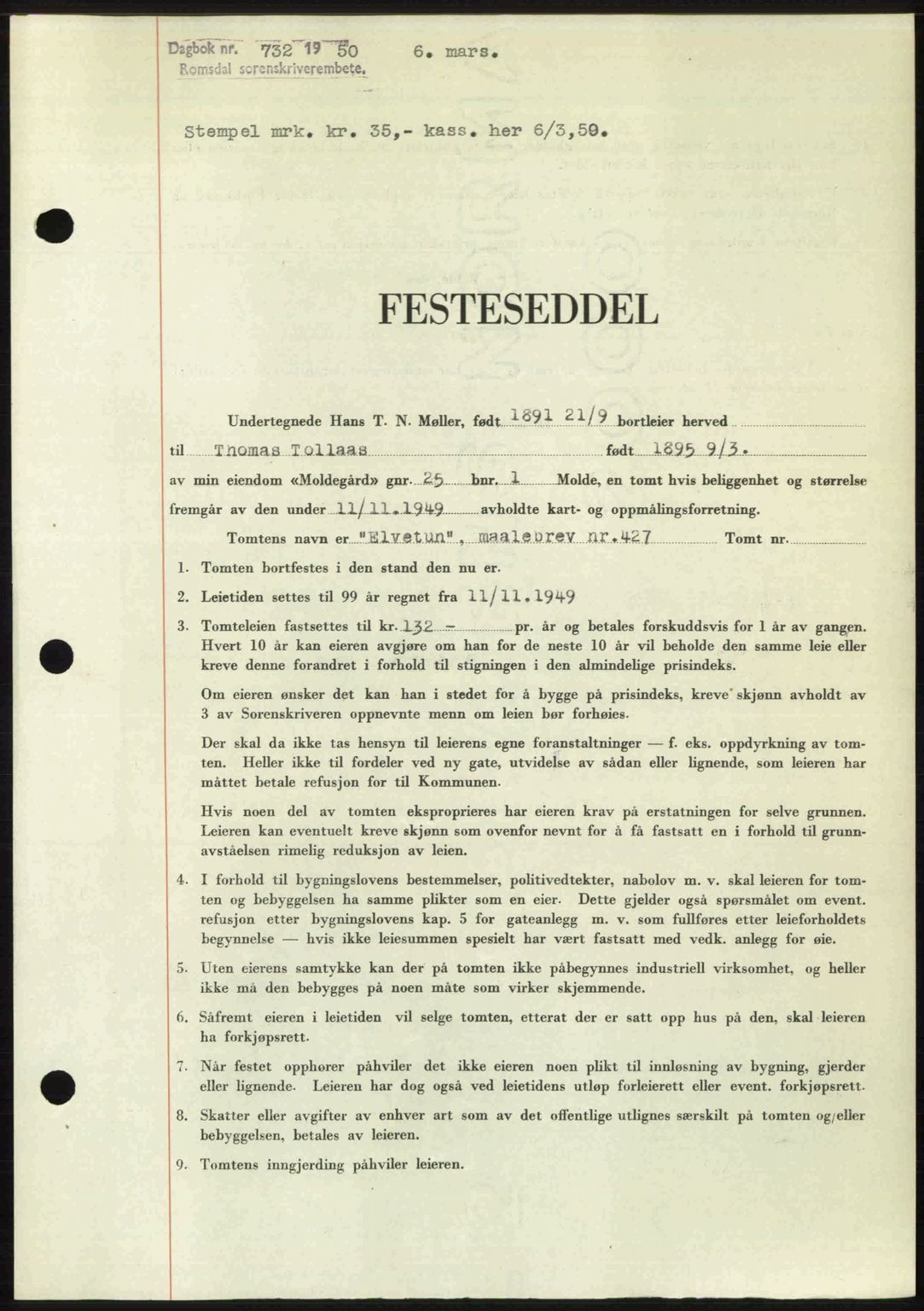Romsdal sorenskriveri, SAT/A-4149/1/2/2C: Pantebok nr. A32, 1950-1950, Dagboknr: 732/1950