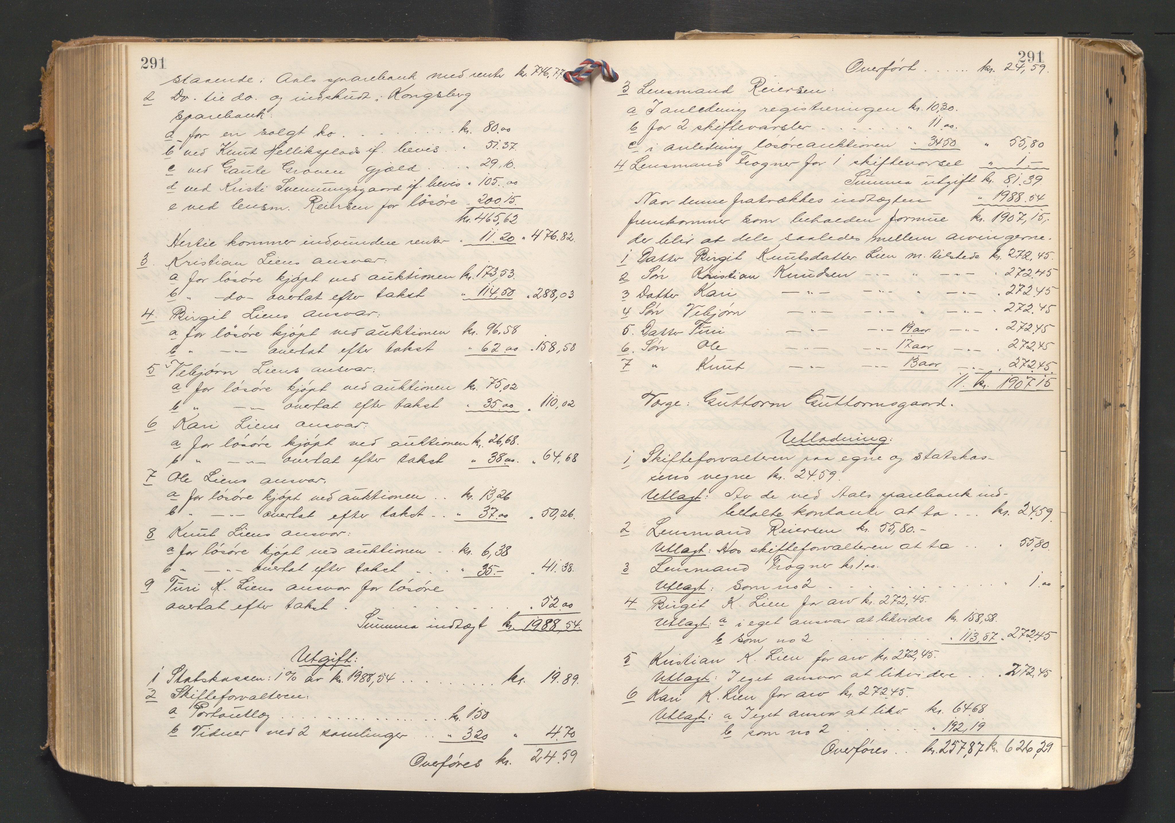 Numedal og Sandsvær sorenskriveri, AV/SAKO-A-128/H/Hb/Hbc/Hbca/L0007: Skifteutlodningsprotokoll, 1901-1922, s. 291