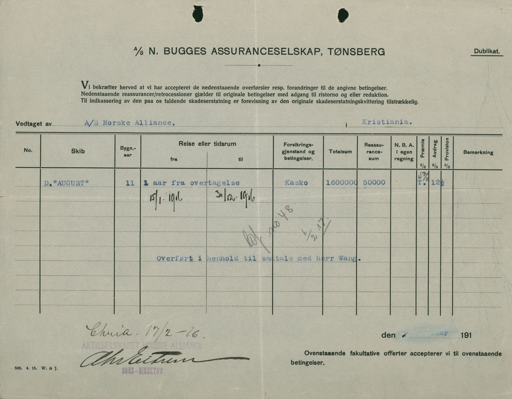 Pa 664 - Tønsberg Sjøforsikringsselskap, VEMU/A-1773/F/L0001: Forsikringspoliser, 1915-1918