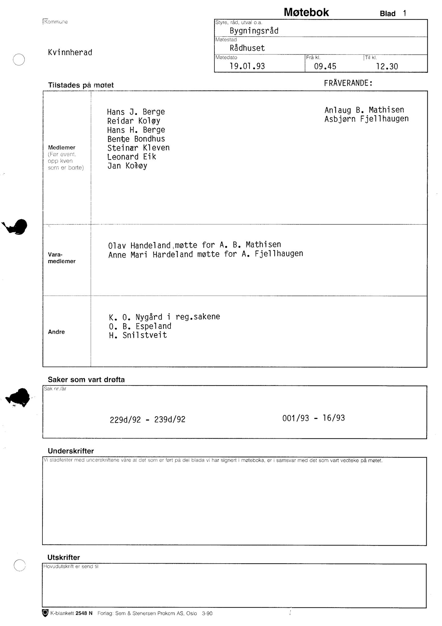 Kvinnherad kommune. Bygningsrådet , IKAH/1224-511/A/Aa/L0084: Møtebok for Kvinnherad bygningsråd, 1993