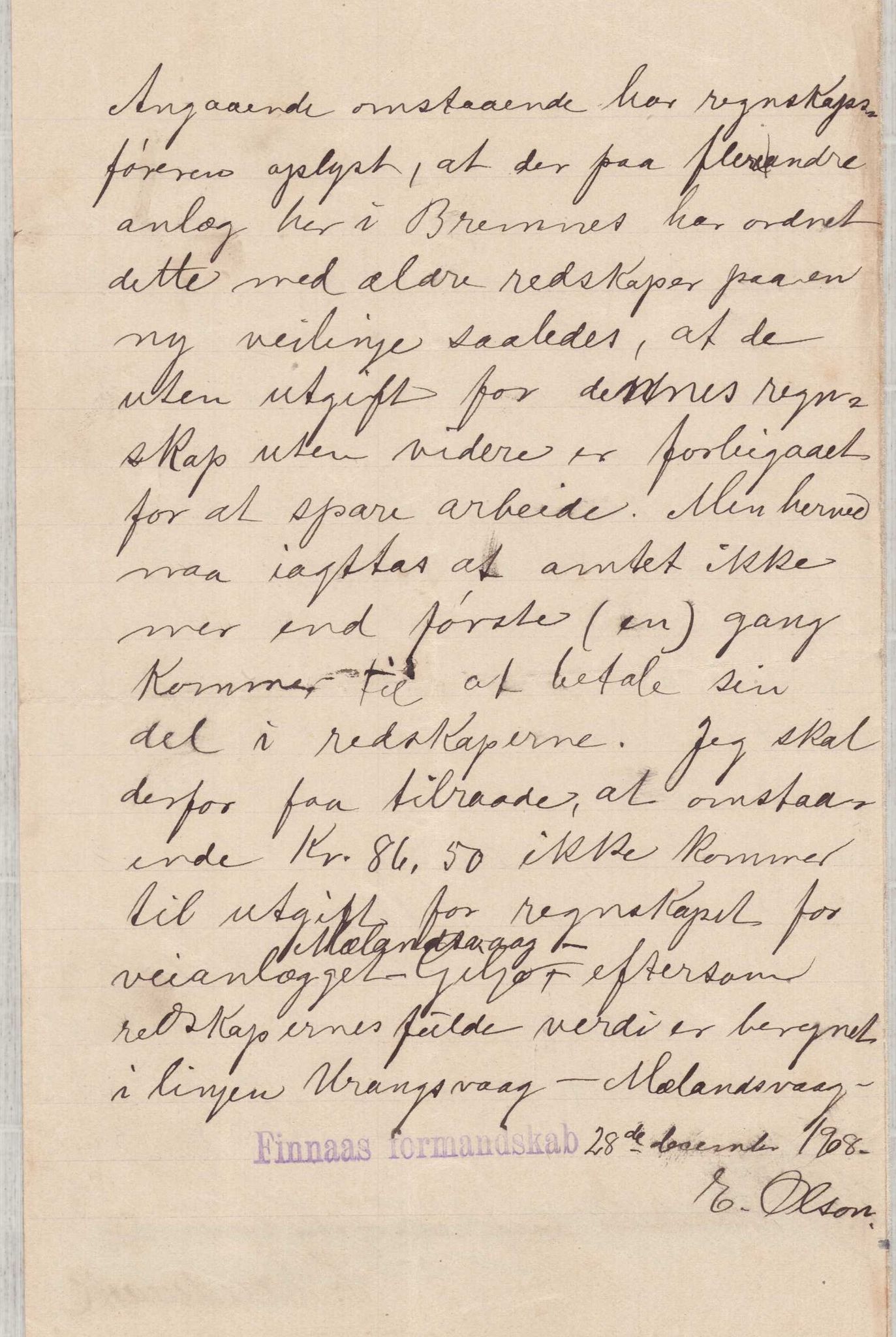 Finnaas kommune. Formannskapet, IKAH/1218a-021/E/Ea/L0001/0005: Rekneskap for veganlegg / Rekneskap for veganlegget Mælandsvåg - Gilje, 1907-1910, s. 14