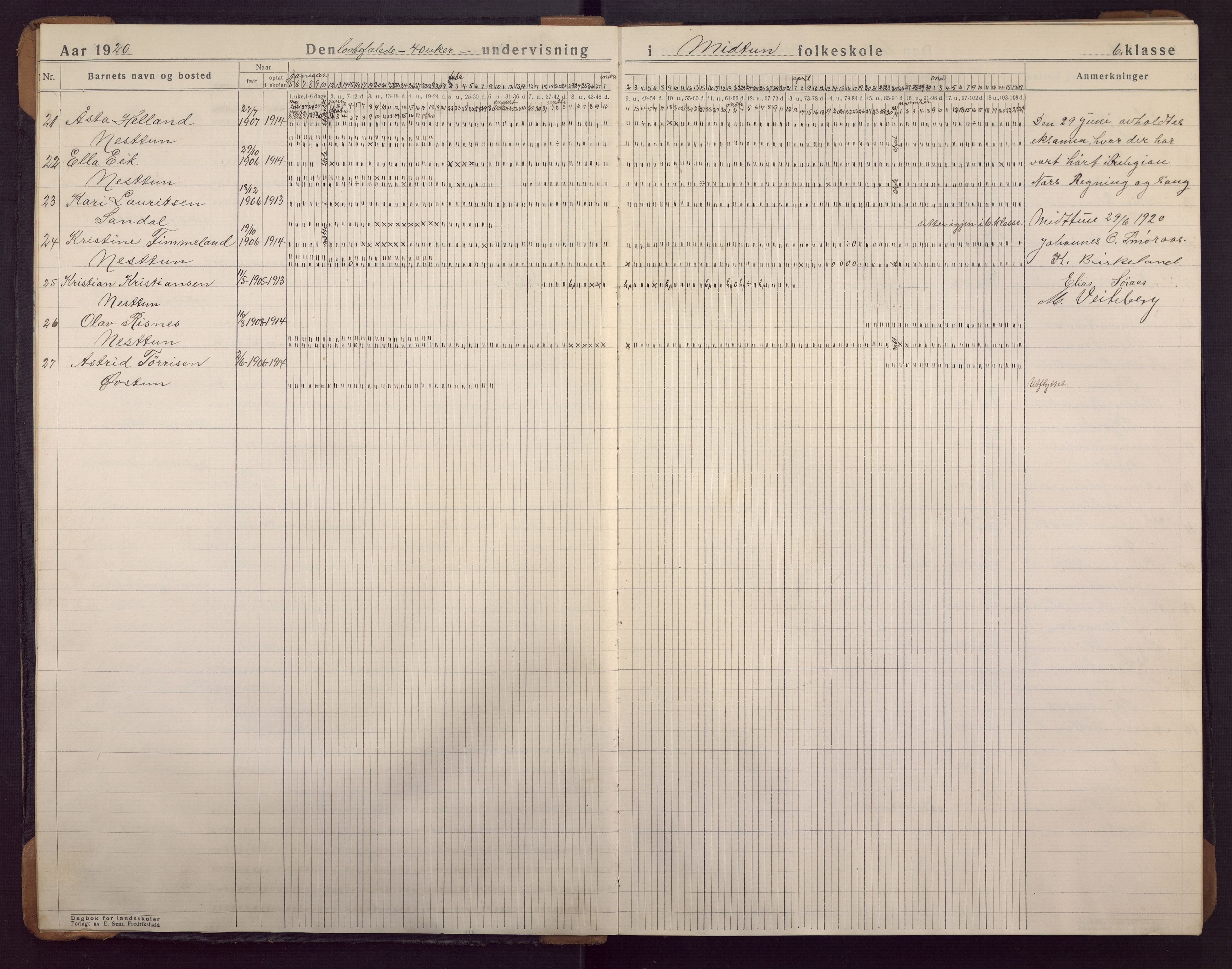 Midtun skole, BBA/A-2399/G/Ga/Gaa/L0011: Klassedagbok , 1920-1933