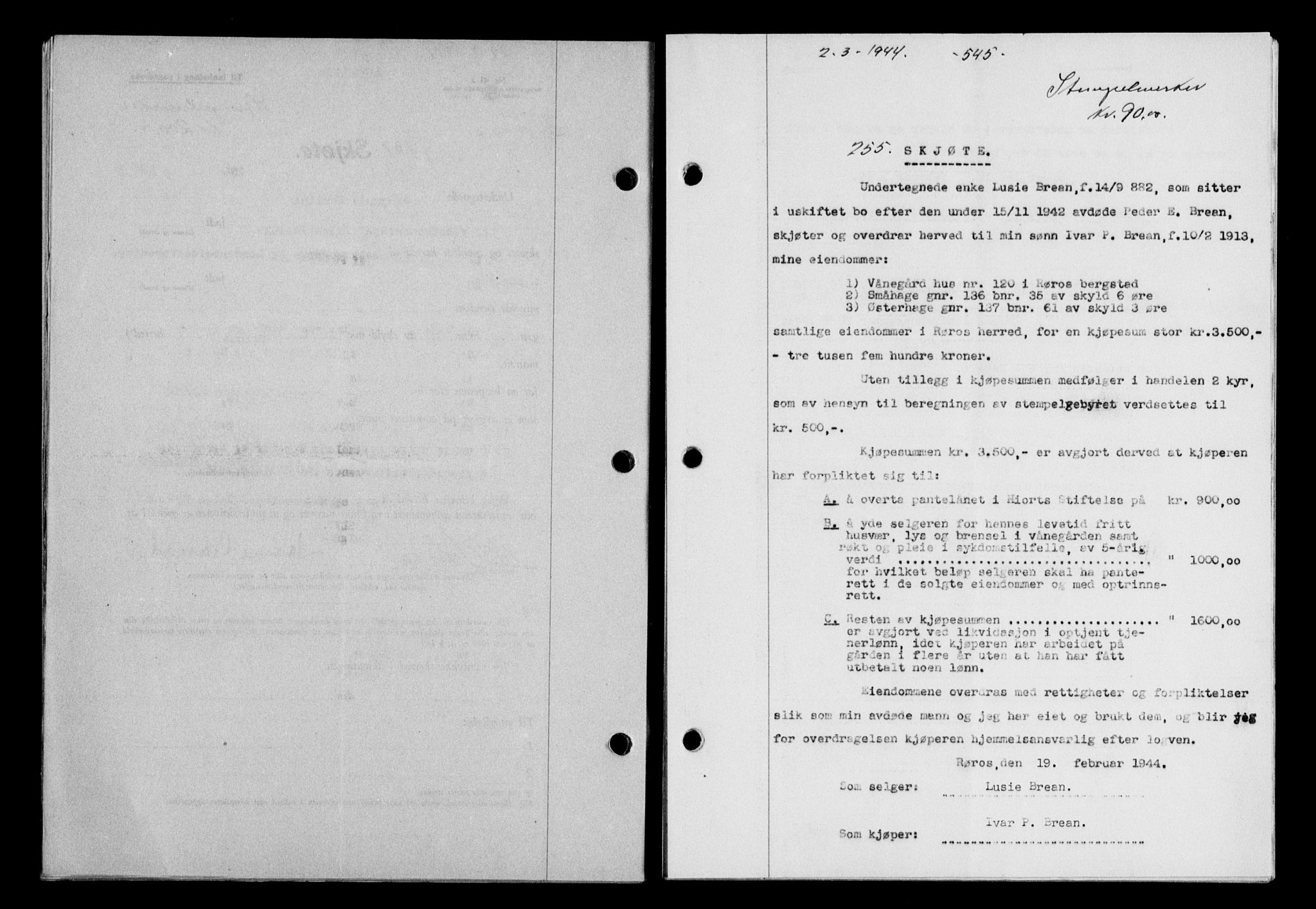 Gauldal sorenskriveri, SAT/A-0014/1/2/2C/L0057: Pantebok nr. 62, 1943-1944, Dagboknr: 255/1944
