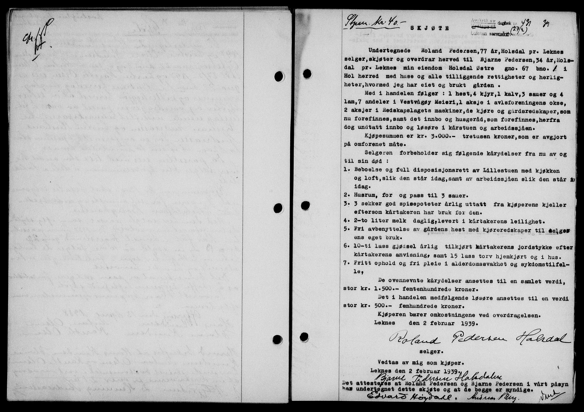 Lofoten sorenskriveri, SAT/A-0017/1/2/2C/L0005a: Pantebok nr. 5a, 1939-1939, Dagboknr: 431/1939