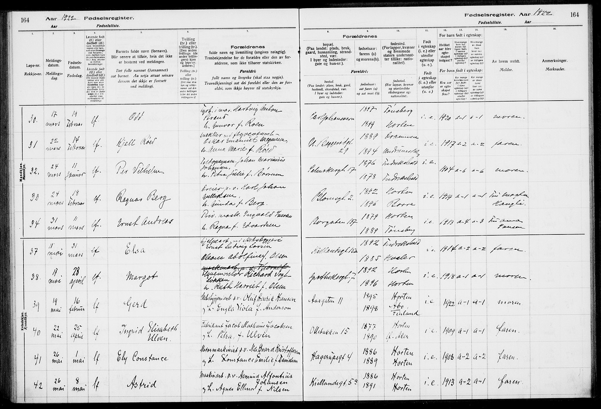 Horten kirkebøker, AV/SAKO-A-348/J/Ja/L0001: Fødselsregister nr. 1, 1916-1923, s. 164