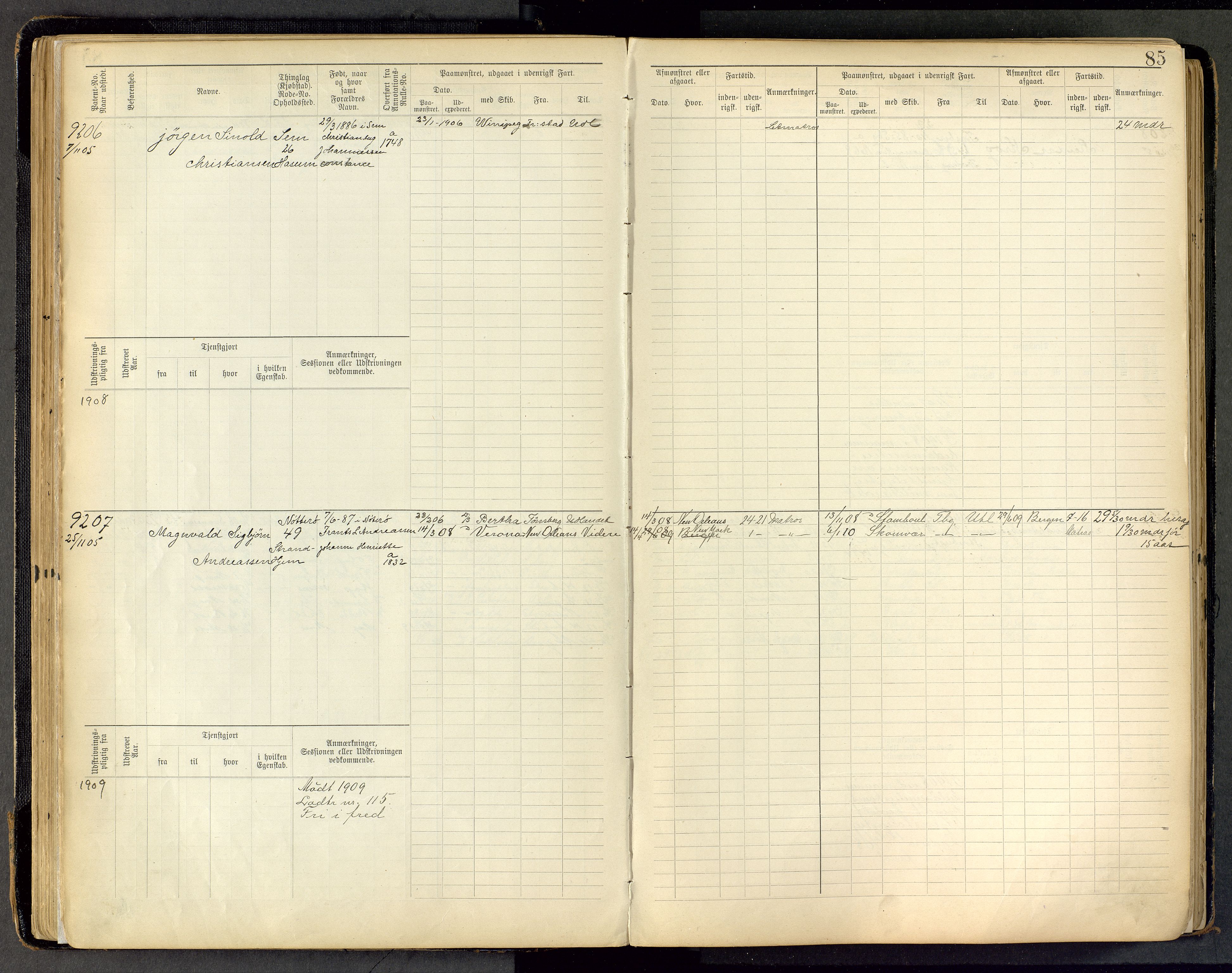 Tønsberg innrulleringskontor, AV/SAKO-A-786/F/Fc/Fca/L0011: Hovedrulle Patent nr. 9038-9992, 1900-1912, s. 85