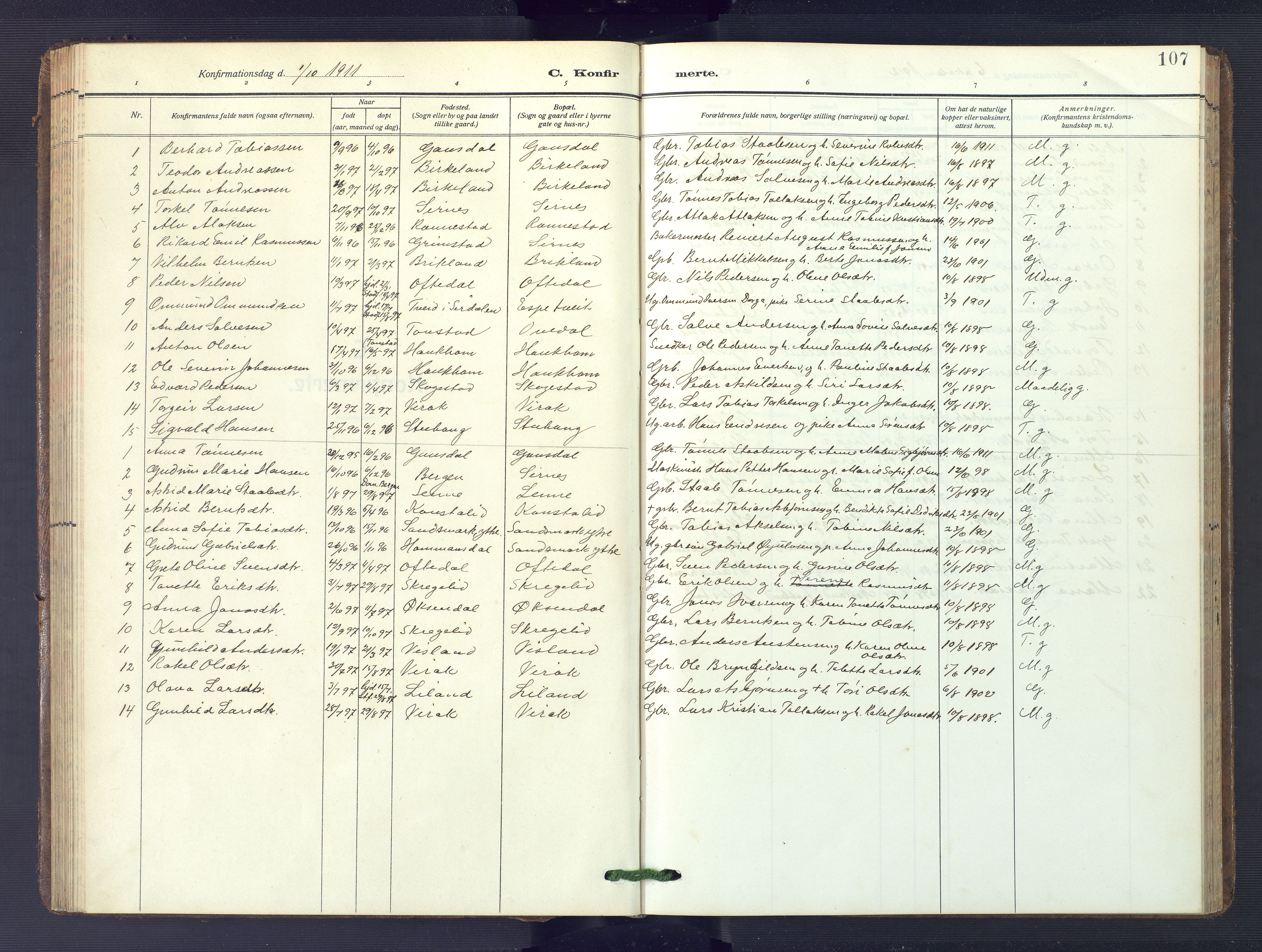 Bakke sokneprestkontor, AV/SAK-1111-0002/F/Fb/Fba/L0004: Klokkerbok nr. B 4, 1911-1946, s. 107