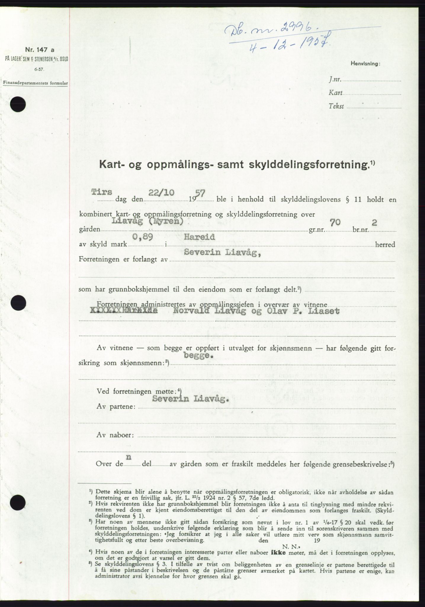 Søre Sunnmøre sorenskriveri, SAT/A-4122/1/2/2C/L0108: Pantebok nr. 34A, 1957-1958, Dagboknr: 2996/1957