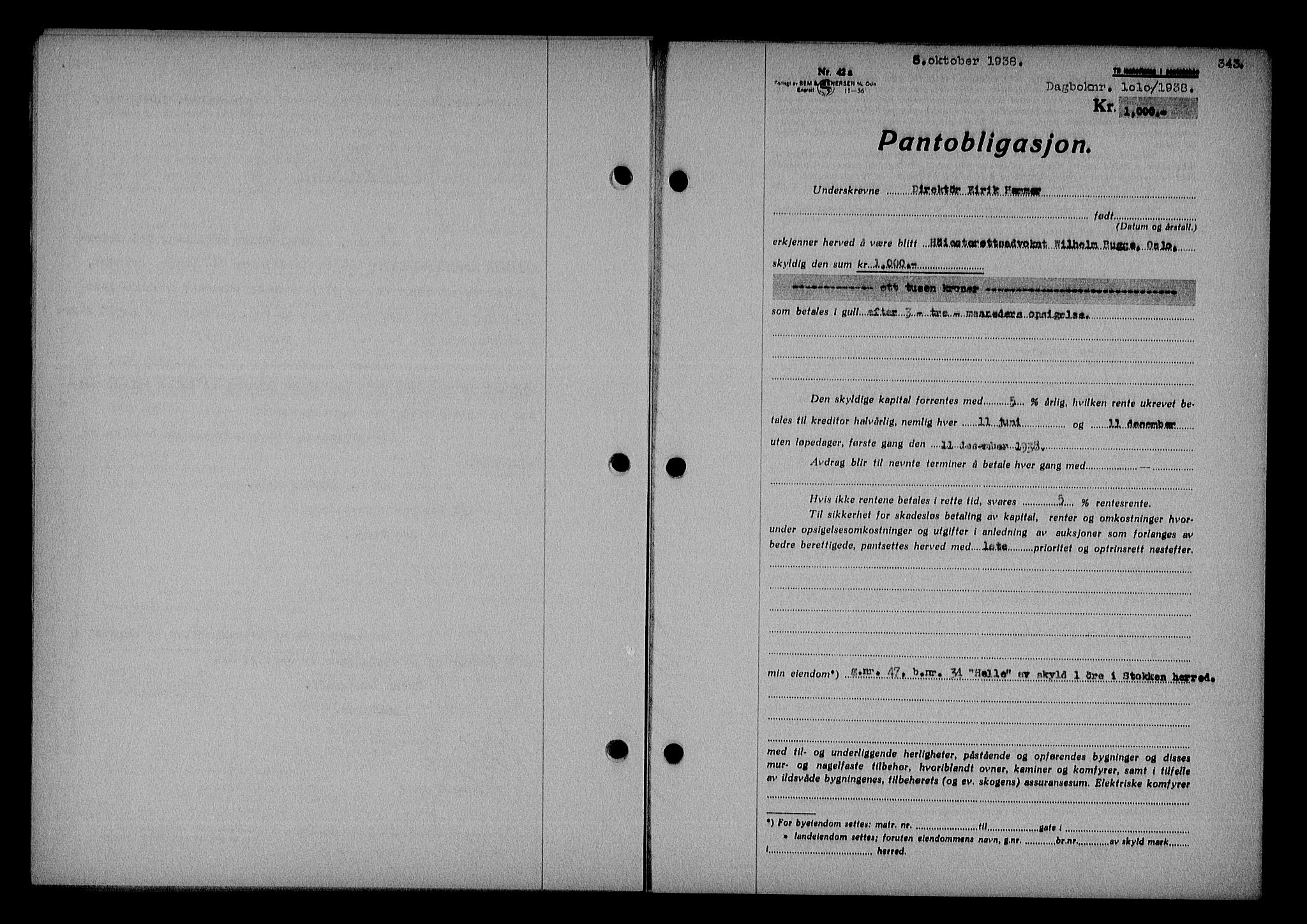 Nedenes sorenskriveri, AV/SAK-1221-0006/G/Gb/Gba/L0045: Pantebok nr. 41, 1938-1938, Dagboknr: 1010/1938