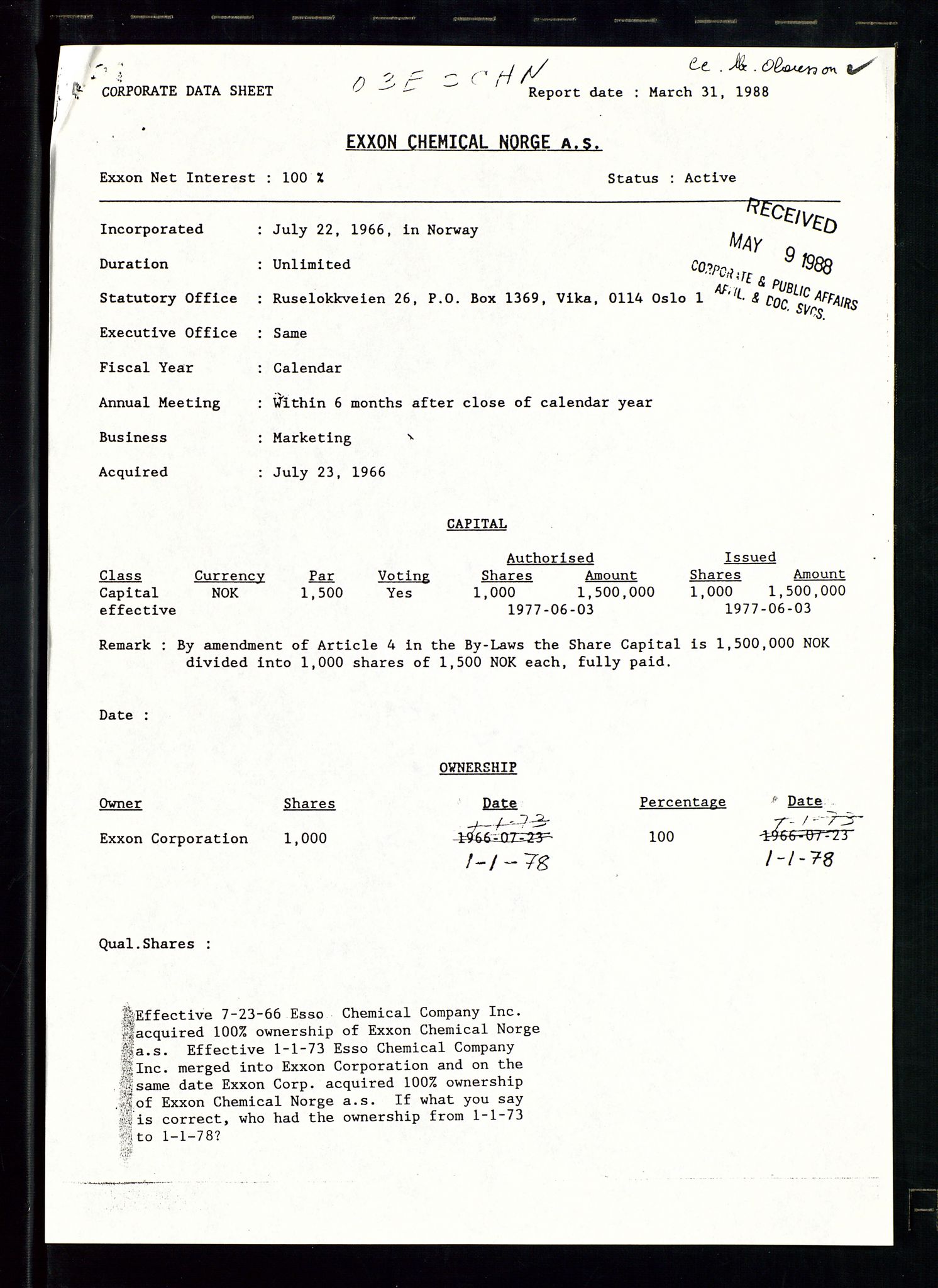 PA 1538 - Exxon Chemical Norge A/S, AV/SAST-A-101958/A/Aa/L0002/0001: Styredokumenter / Halvårsrapporter 1983-1984, Generalforsamling, Styremøter og halvårsrapporter 1985-1988, 1983-1988