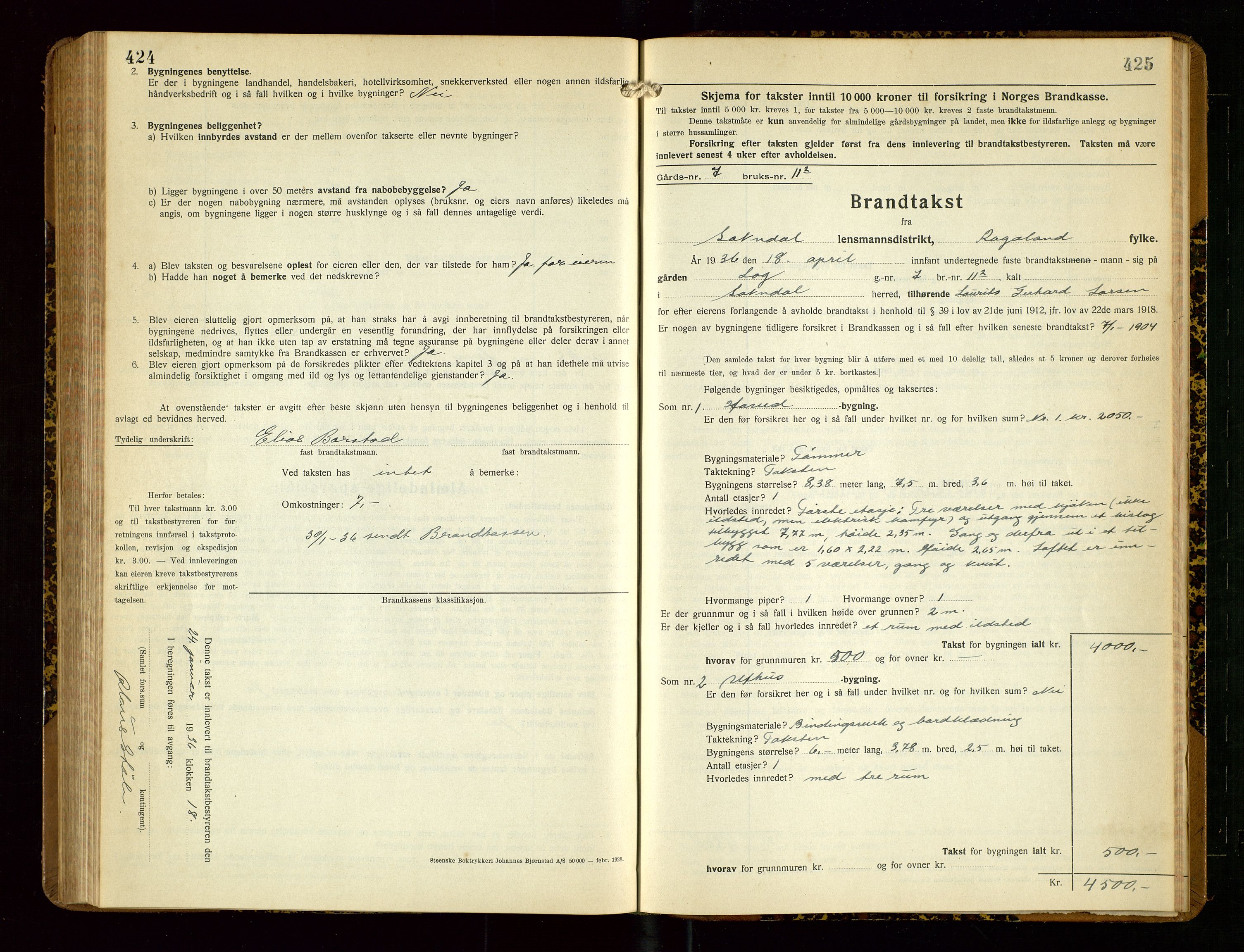 Sokndal lensmannskontor, AV/SAST-A-100417/Gob/L0007: "Brandtakst-Protokoll", 1930-1936, s. 424-425