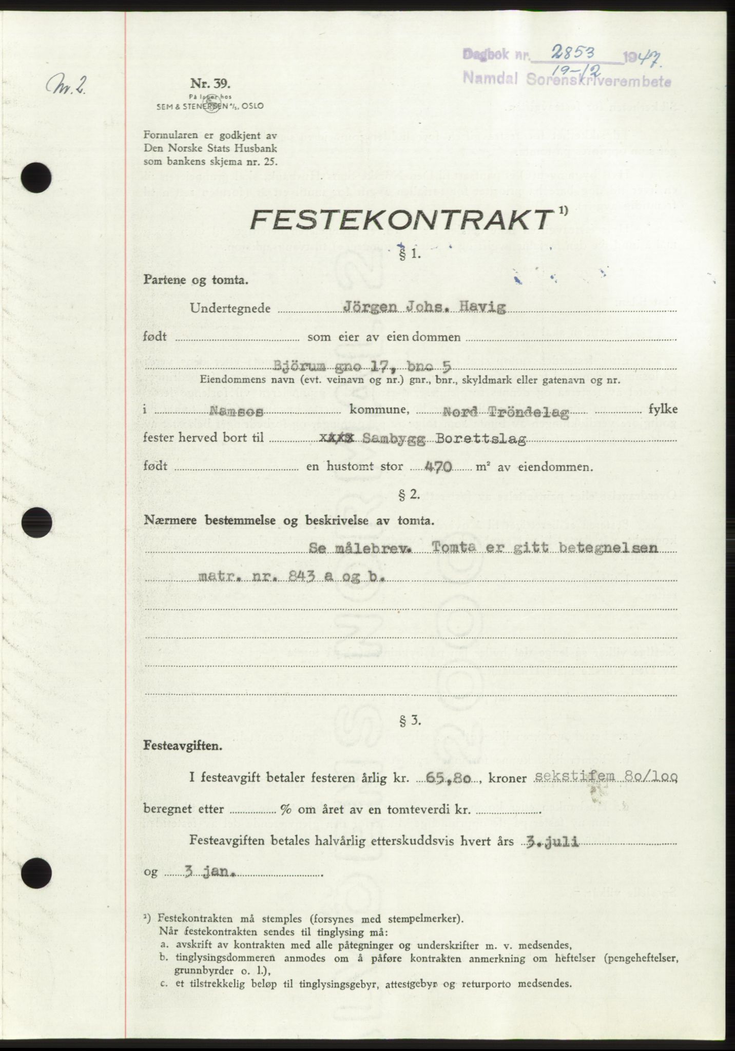 Namdal sorenskriveri, SAT/A-4133/1/2/2C: Pantebok nr. -, 1947-1948, Dagboknr: 2853/1947