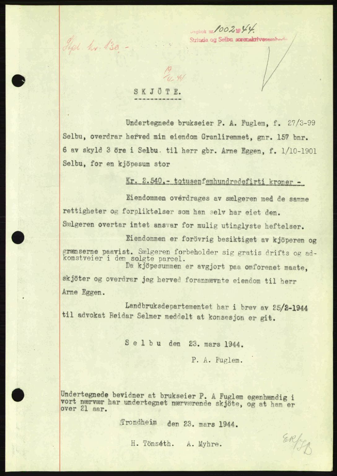 Strinda og Selbu sorenskriveri, SAT/A-0015/2/2C: Pantebok nr. A9, 1944-1945, Dagboknr: 1002/1944