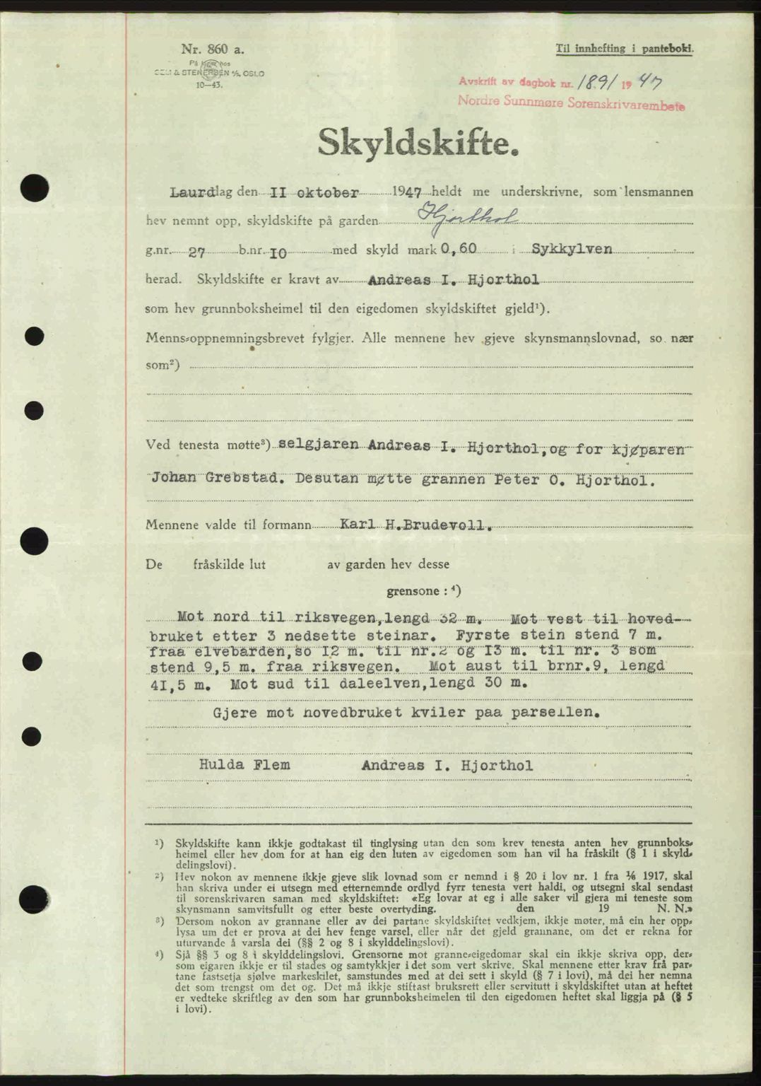 Nordre Sunnmøre sorenskriveri, AV/SAT-A-0006/1/2/2C/2Ca: Pantebok nr. A25, 1947-1947, Dagboknr: 1891/1947