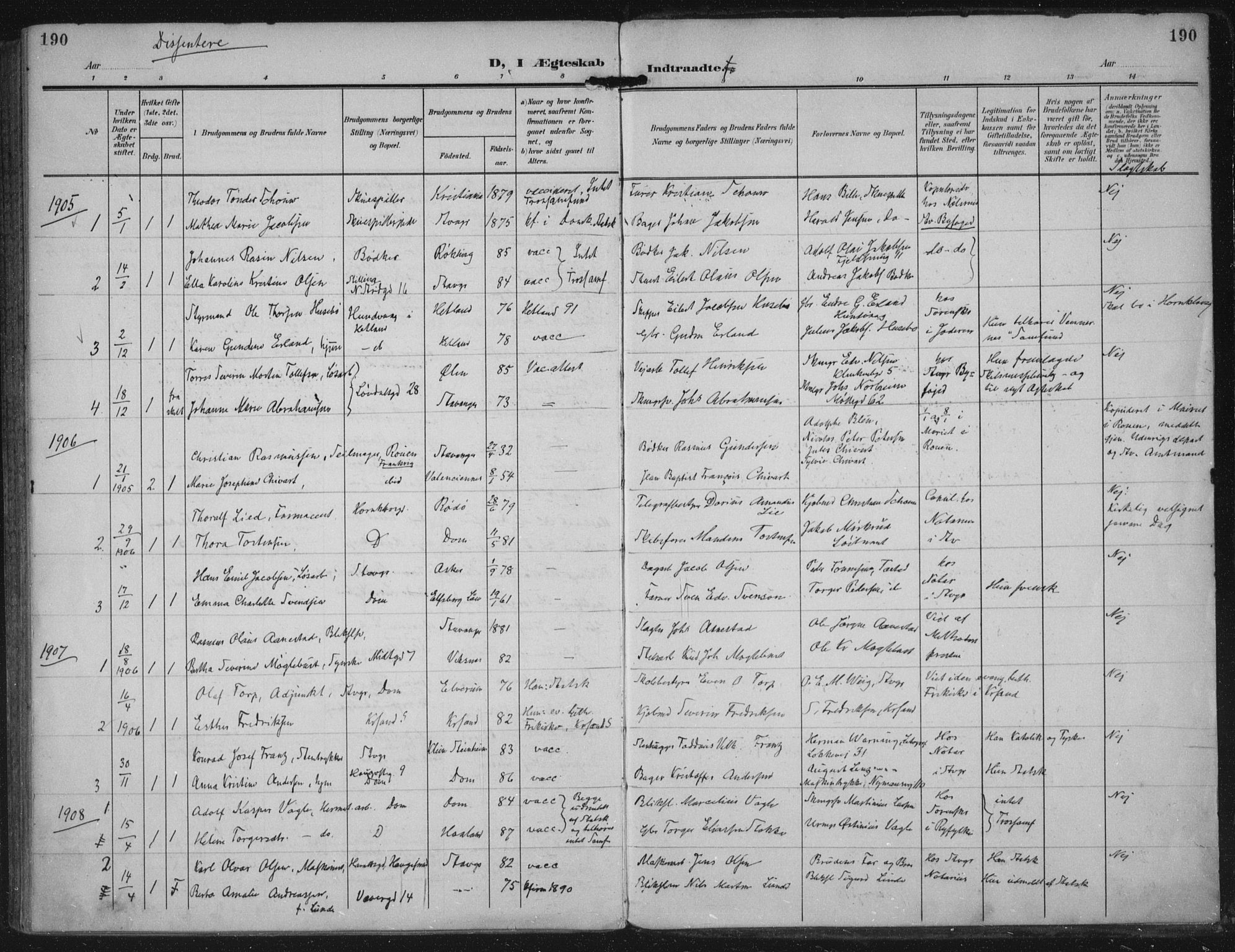 Domkirken sokneprestkontor, AV/SAST-A-101812/002/A/L0016: Ministerialbok nr. A 33, 1905-1922, s. 190