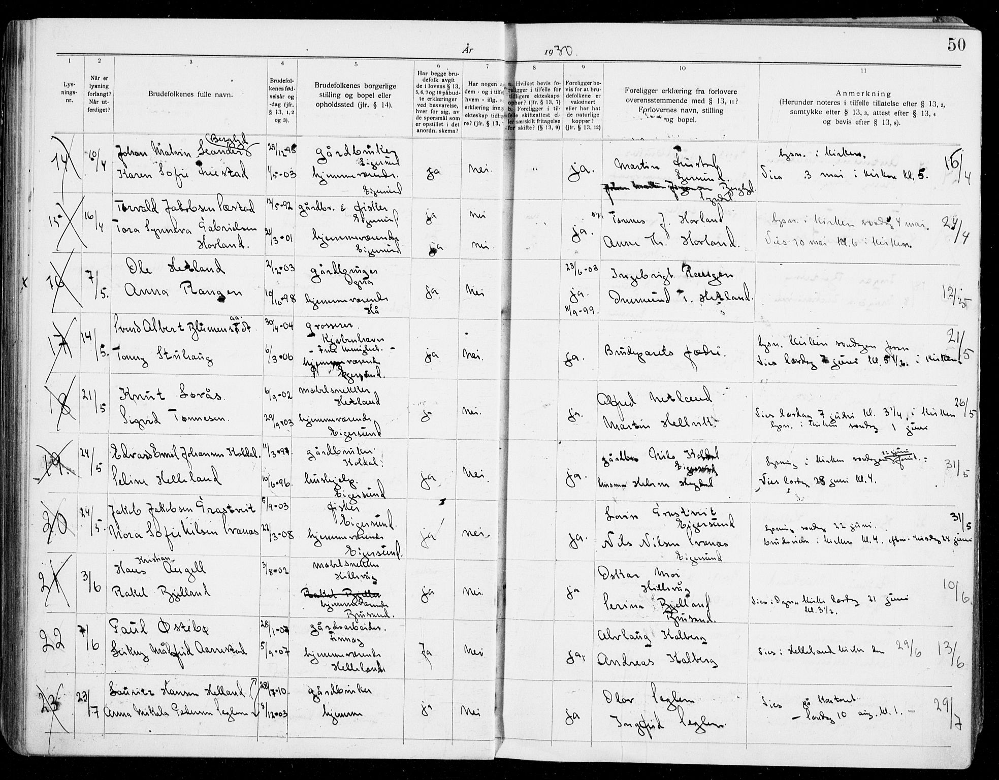 Eigersund sokneprestkontor, AV/SAST-A-101807/S27/L0003: Lysningsprotokoll nr. 3, 1919-1939, s. 50