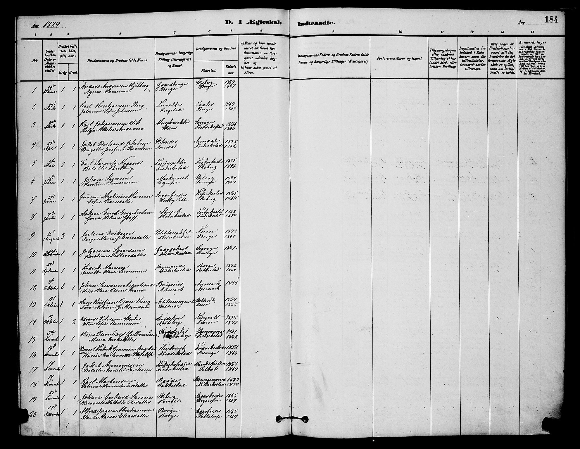 Østre Fredrikstad prestekontor Kirkebøker, AV/SAO-A-10907/G/Ga/L0001: Klokkerbok nr. 1, 1880-1899, s. 184