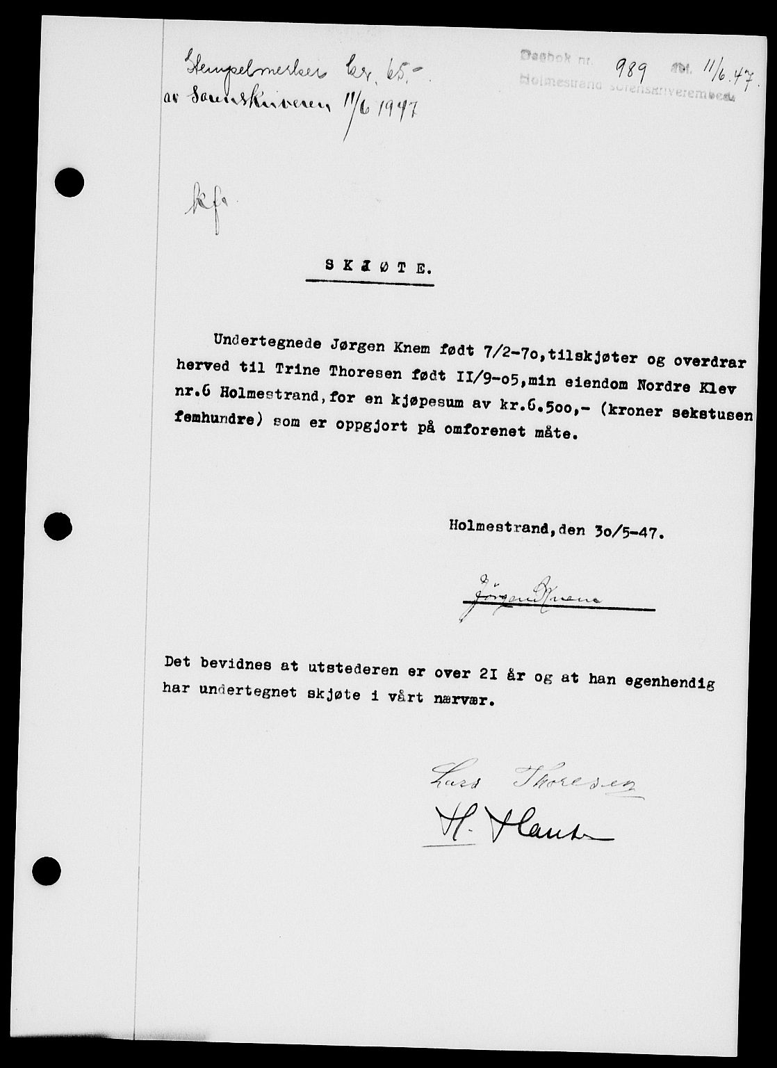 Holmestrand sorenskriveri, SAKO/A-67/G/Ga/Gaa/L0062: Pantebok nr. A-62, 1947-1947, Dagboknr: 989/1947