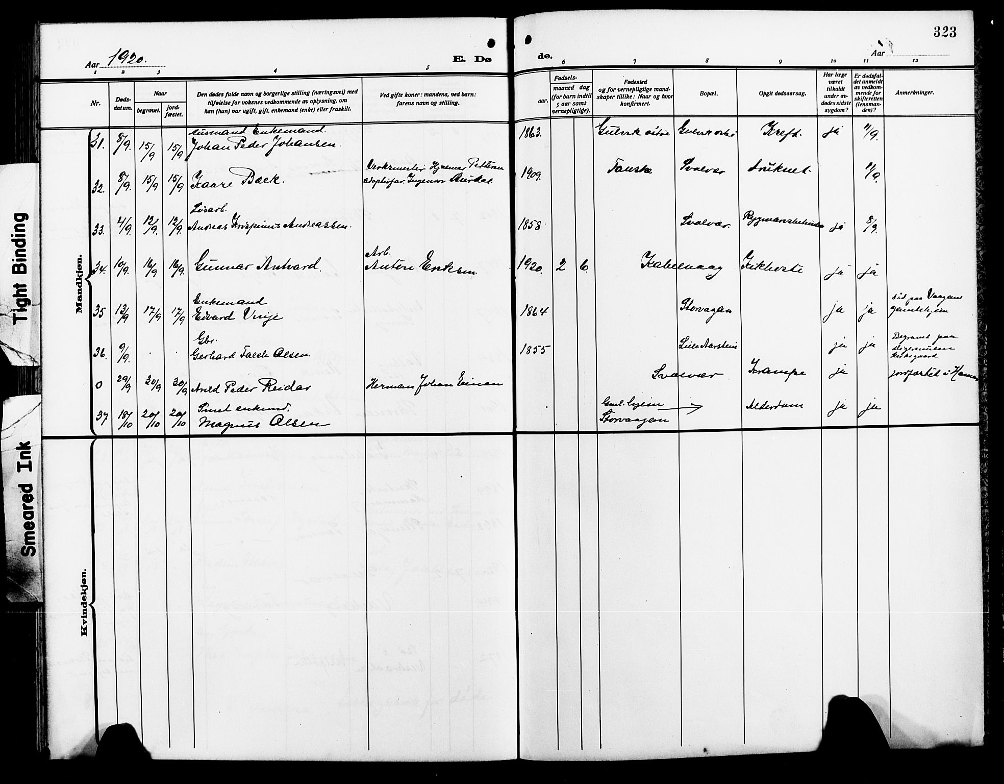 Ministerialprotokoller, klokkerbøker og fødselsregistre - Nordland, AV/SAT-A-1459/874/L1080: Klokkerbok nr. 874C09, 1915-1925, s. 323