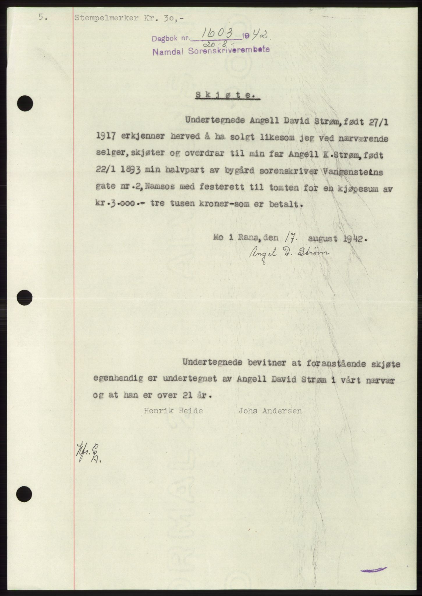 Namdal sorenskriveri, SAT/A-4133/1/2/2C: Pantebok nr. -, 1942-1943, Dagboknr: 1603/1942