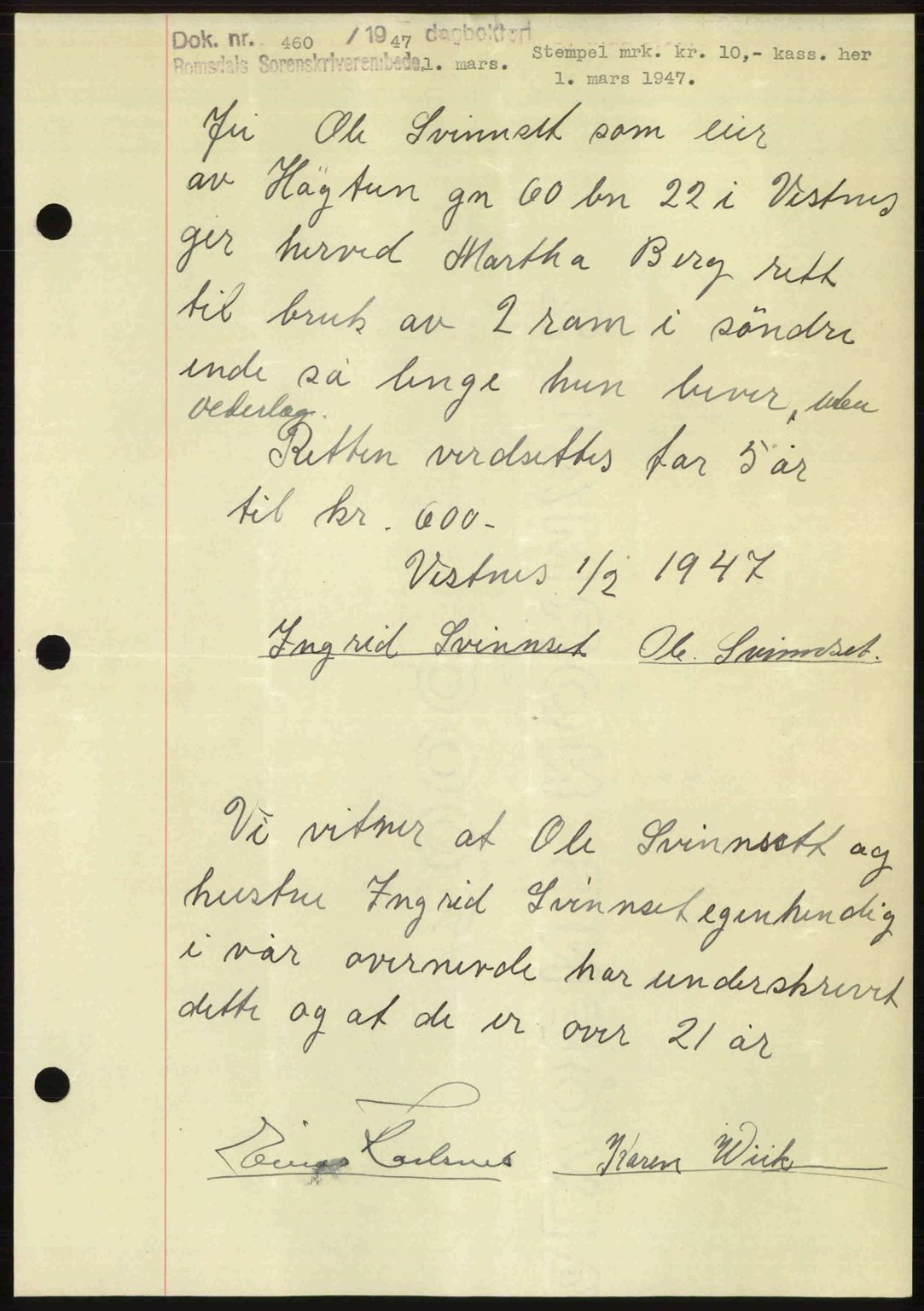 Romsdal sorenskriveri, SAT/A-4149/1/2/2C: Pantebok nr. A22, 1947-1947, Dagboknr: 460/1947