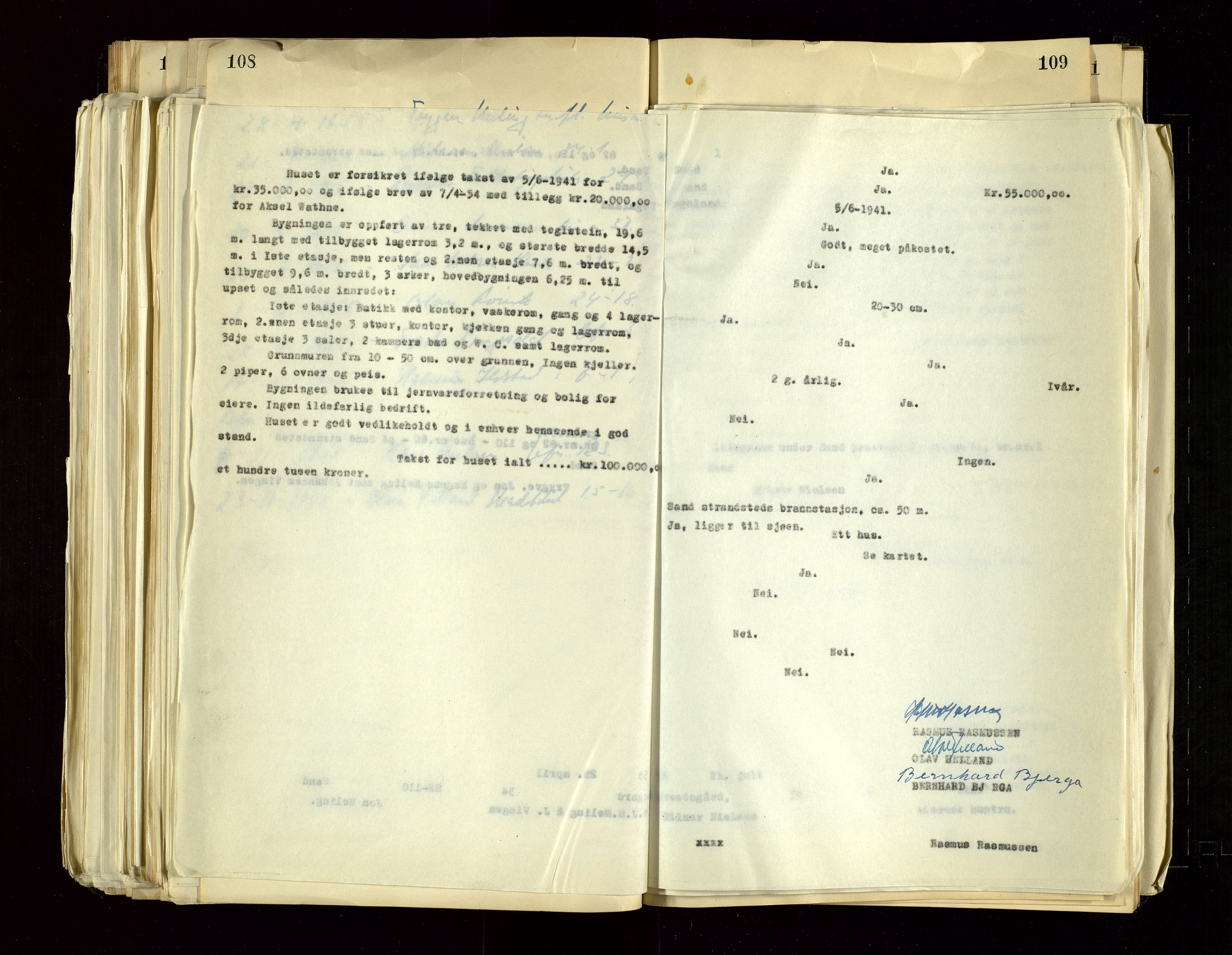 Sand lensmannskontor, AV/SAST-A-100415/Gob/L0004: Branntakstprotokoll, 1937-1955, s. 108-109