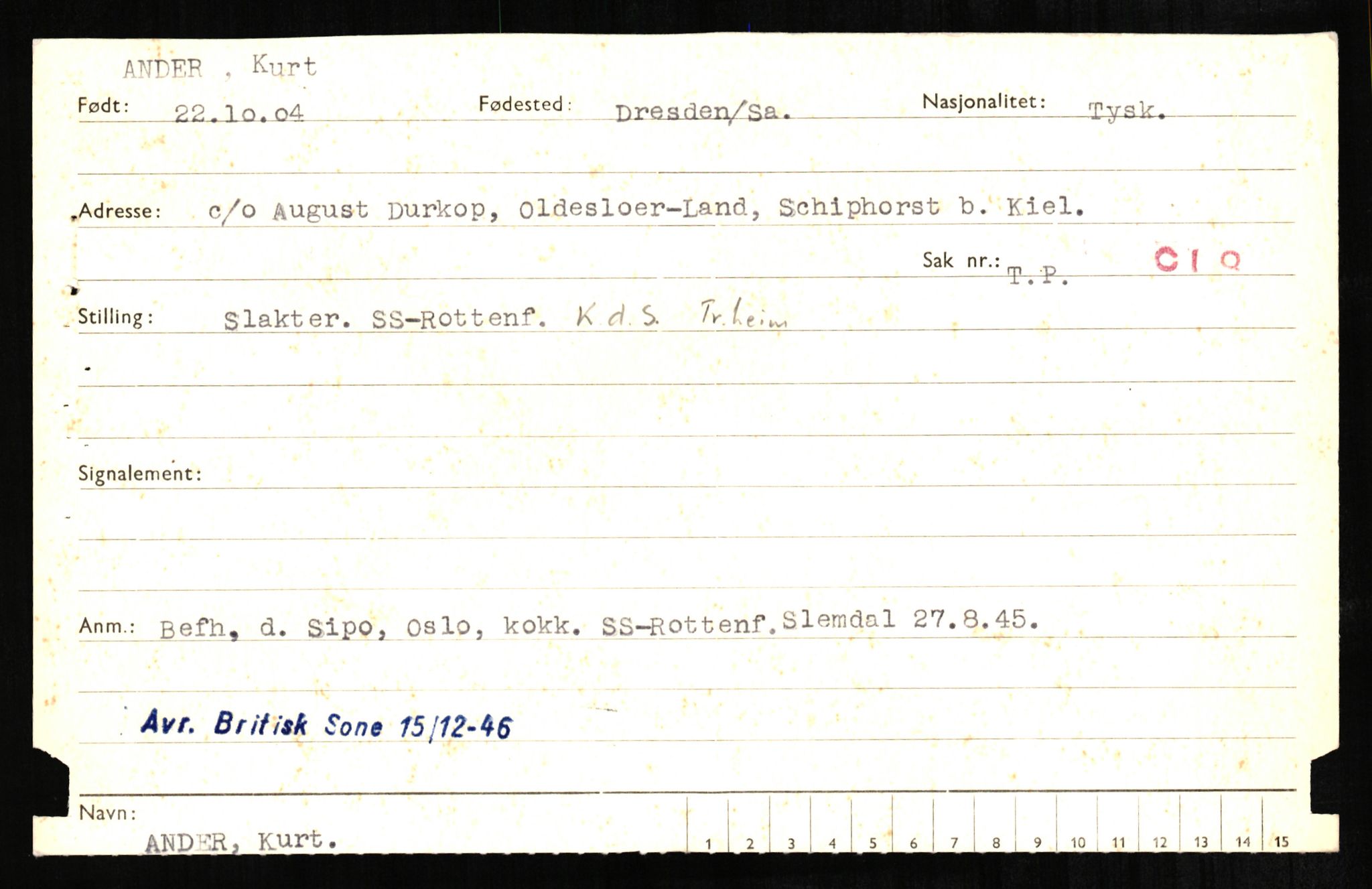 Forsvaret, Forsvarets overkommando II, AV/RA-RAFA-3915/D/Db/L0001: CI Questionaires. Tyske okkupasjonsstyrker i Norge. Tyskere., 1945-1946, s. 204