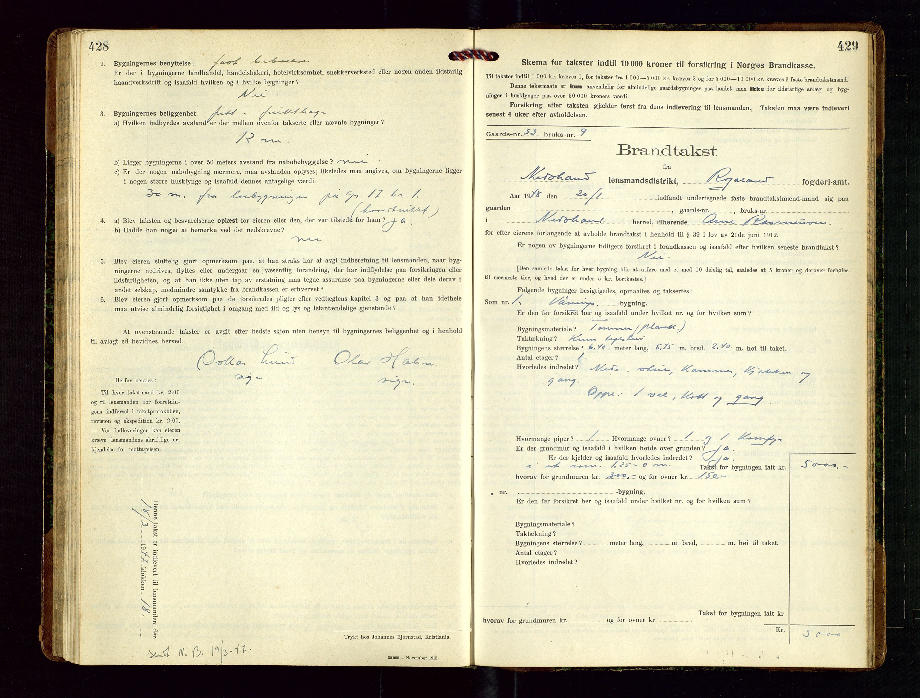 Nedstrand lensmannskontor, SAST/A-100236/Gob/L0002: "Brandtakstprotokol for Nerstrand lensmandsdistrikt Rogaland Fylke", 1916-1949, s. 428-429