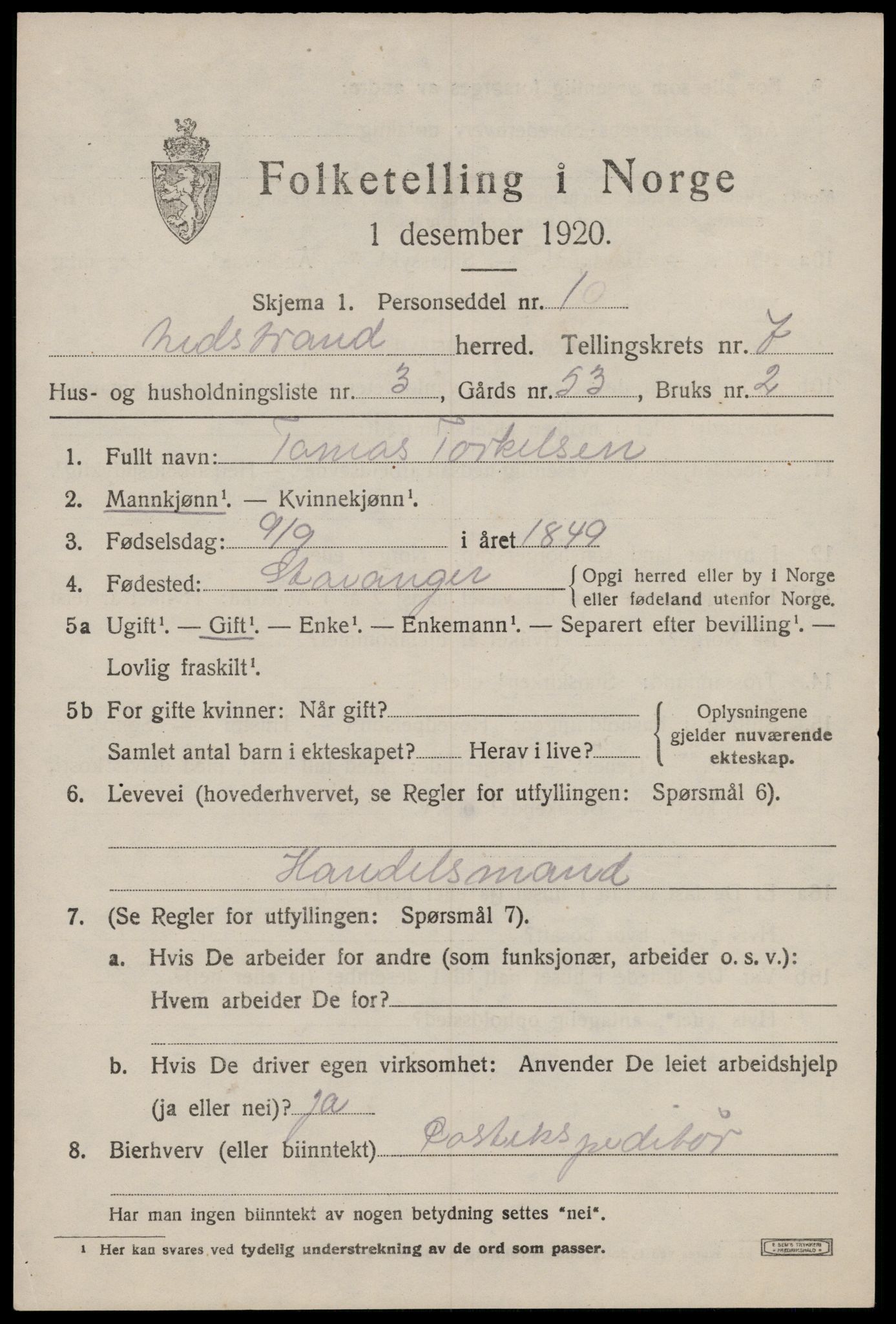 SAST, Folketelling 1920 for 1139 Nedstrand herred, 1920, s. 2671