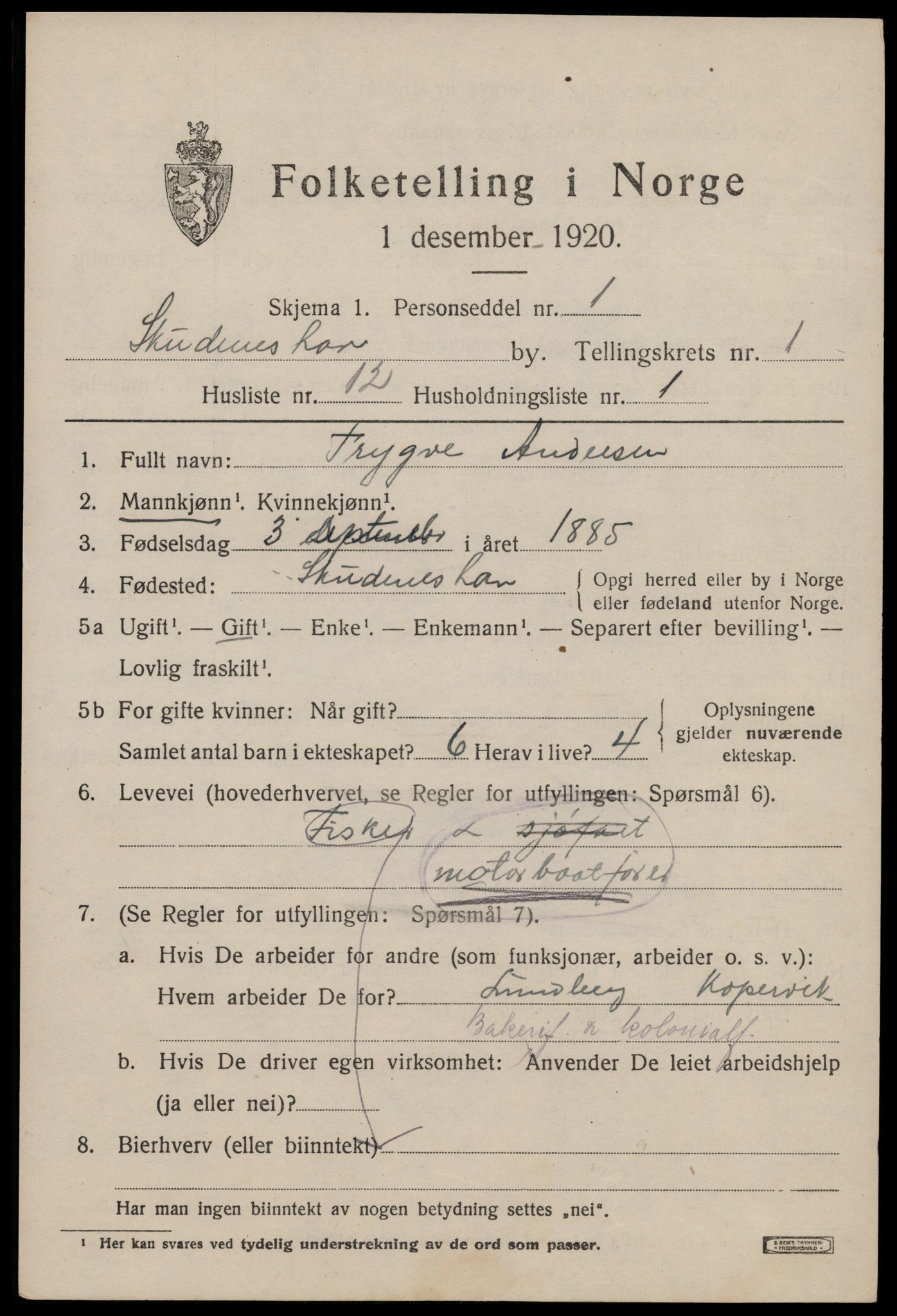 SAST, Folketelling 1920 for 1104 Skudeneshavn ladested, 1920, s. 1216