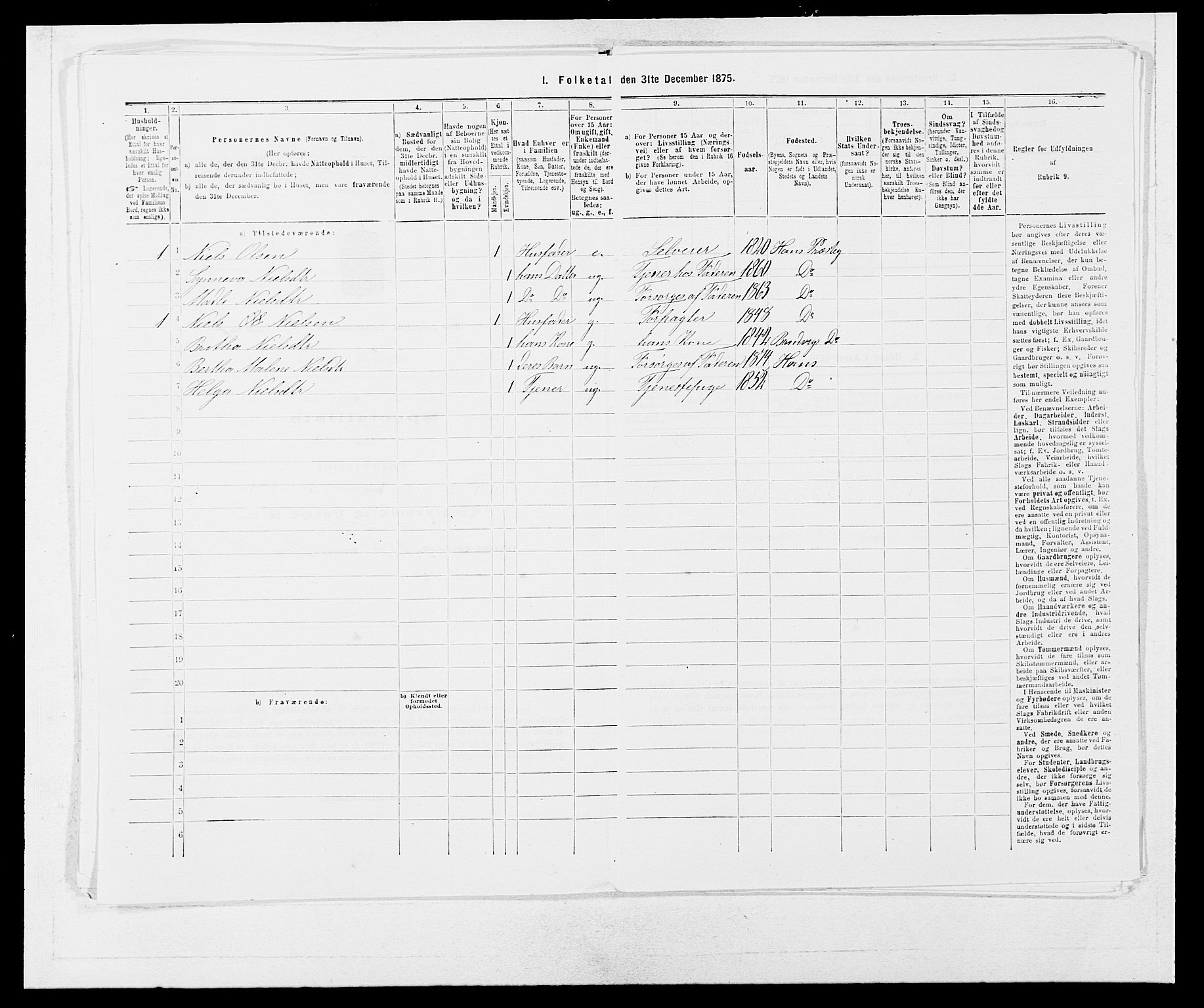 SAB, Folketelling 1875 for 1250P Haus prestegjeld, 1875, s. 1187