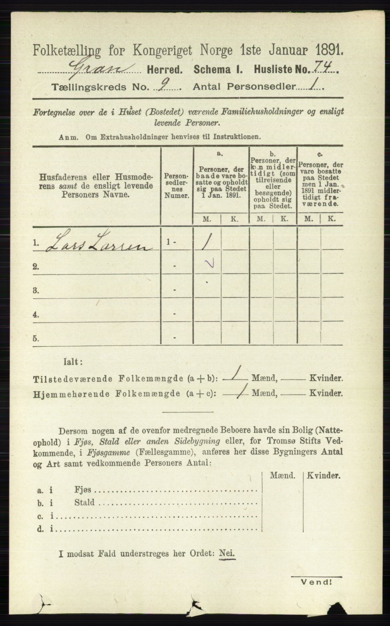 RA, Folketelling 1891 for 0534 Gran herred, 1891, s. 4127