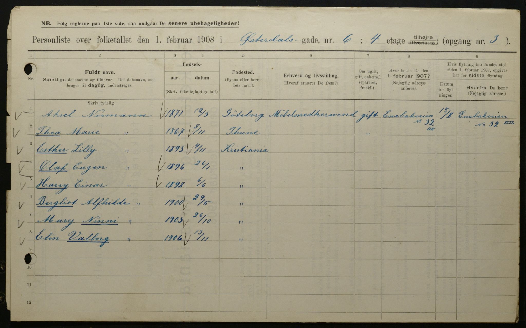 OBA, Kommunal folketelling 1.2.1908 for Kristiania kjøpstad, 1908, s. 115901