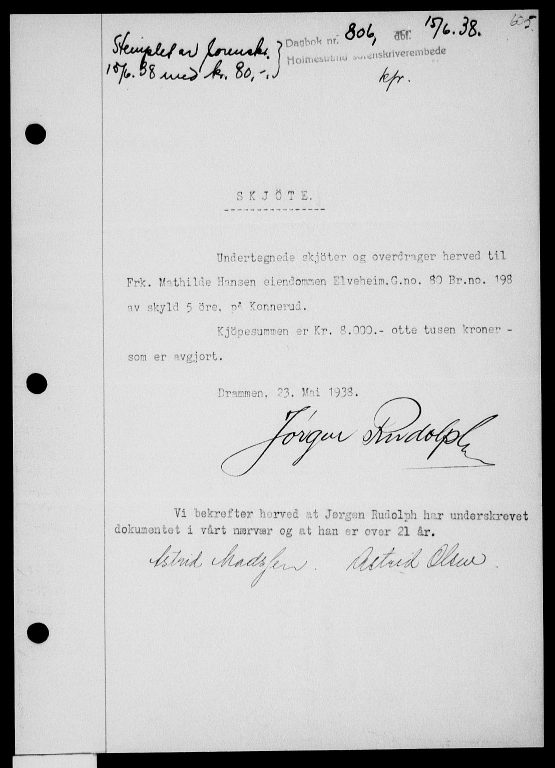 Holmestrand sorenskriveri, SAKO/A-67/G/Ga/Gaa/L0049: Pantebok nr. A-49, 1937-1938, Dagboknr: 806/1938