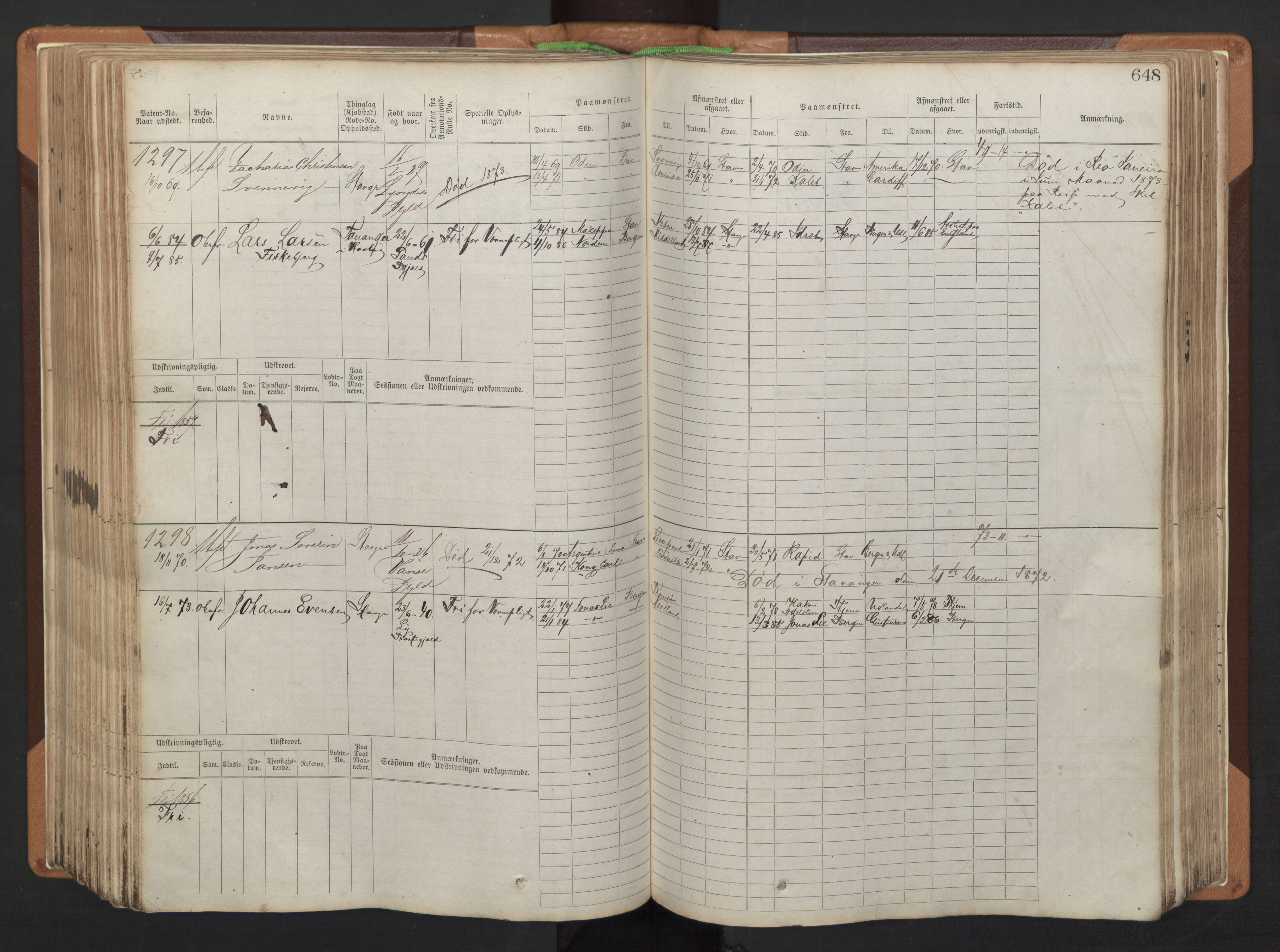 Stavanger sjømannskontor, SAST/A-102006/F/Fb/Fbb/L0005: Sjøfartshovedrulle, patentnr. 793-1606 (del 2), 1869-1880, s. 258